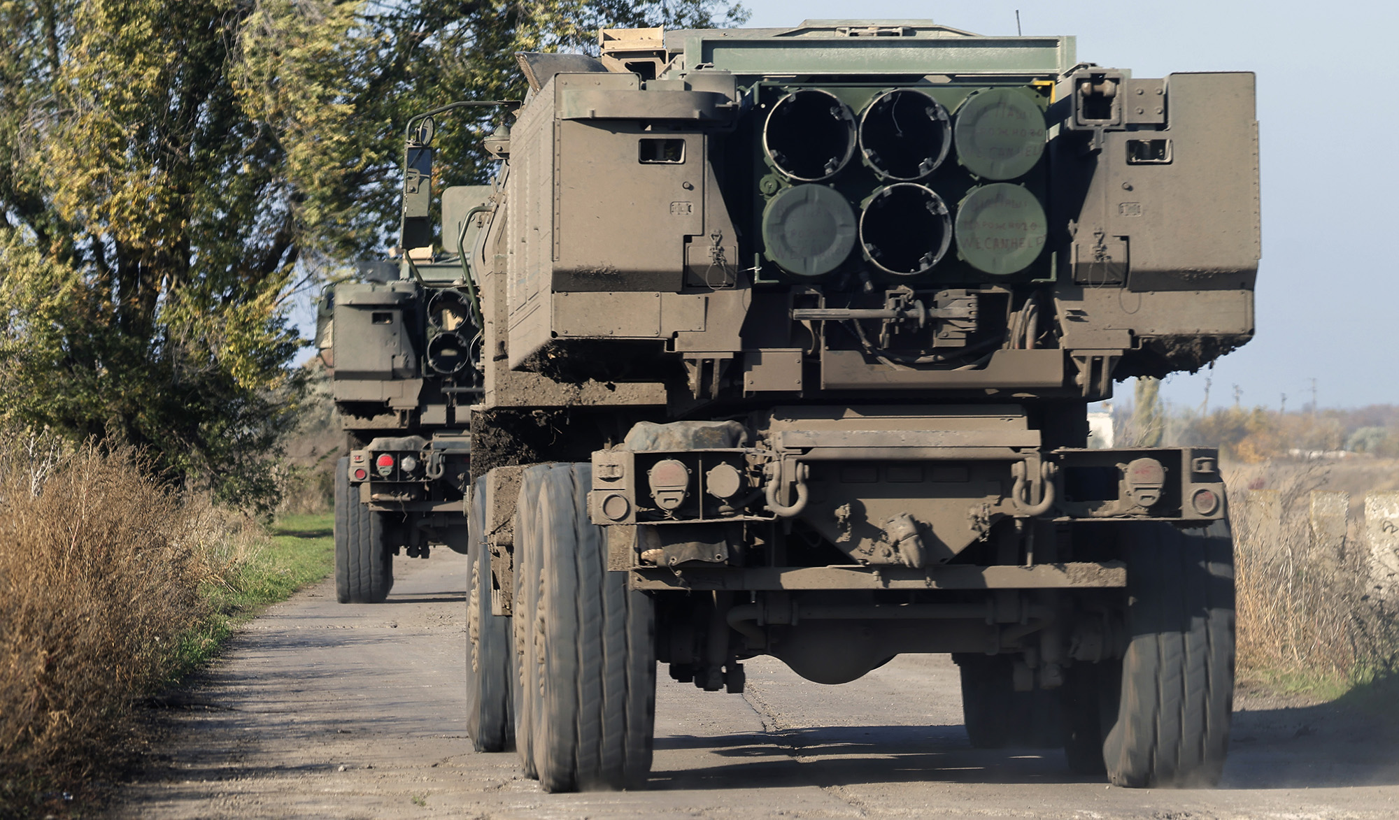 A High Mobility Artillery Rocket System (HIMARS) moves in the northern Kherson region, Ukraine, on October 29.