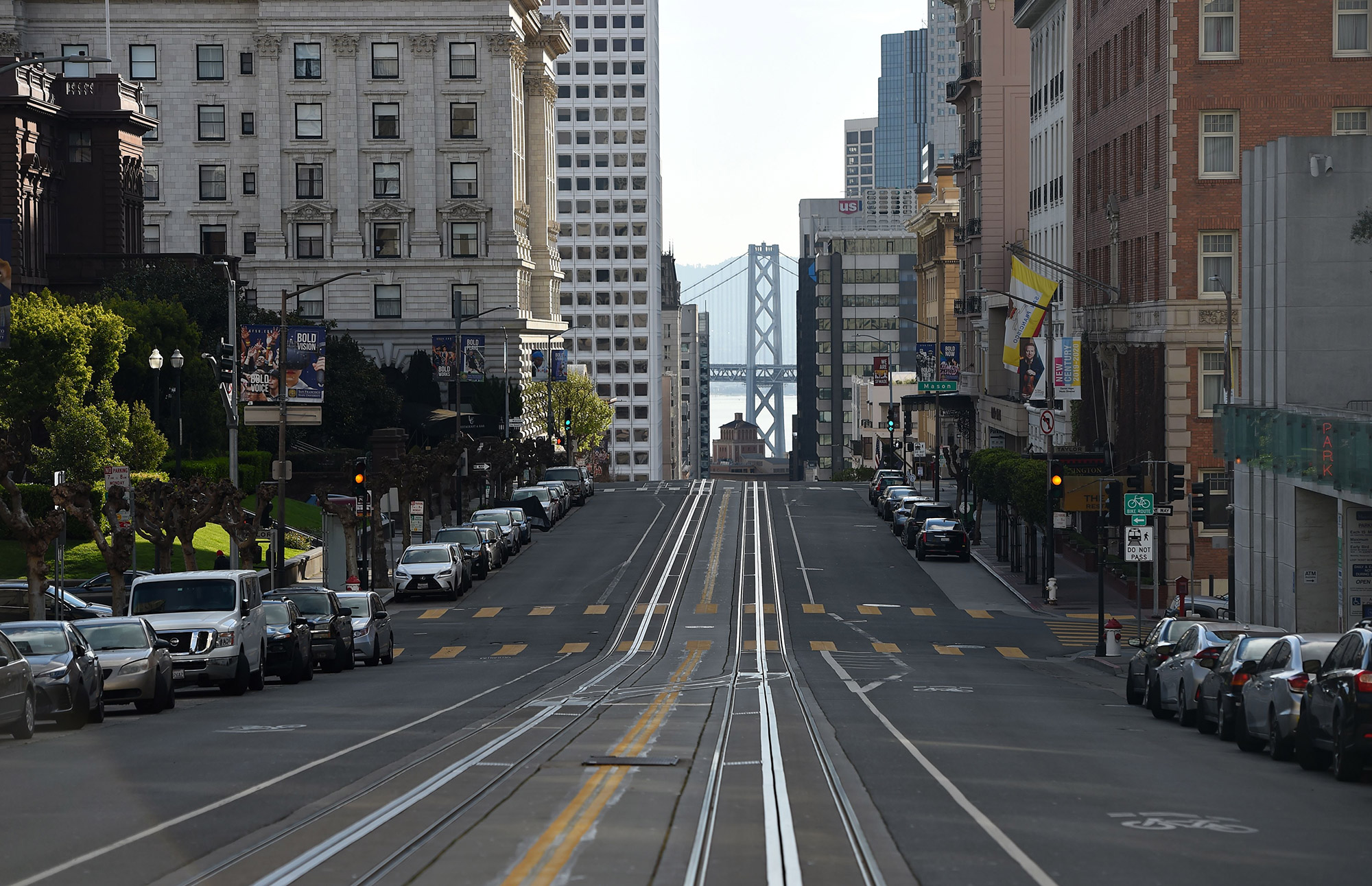 California Street, usually filled with San Francisco's iconic cable cars, is seen mostly empty on Tuesday.