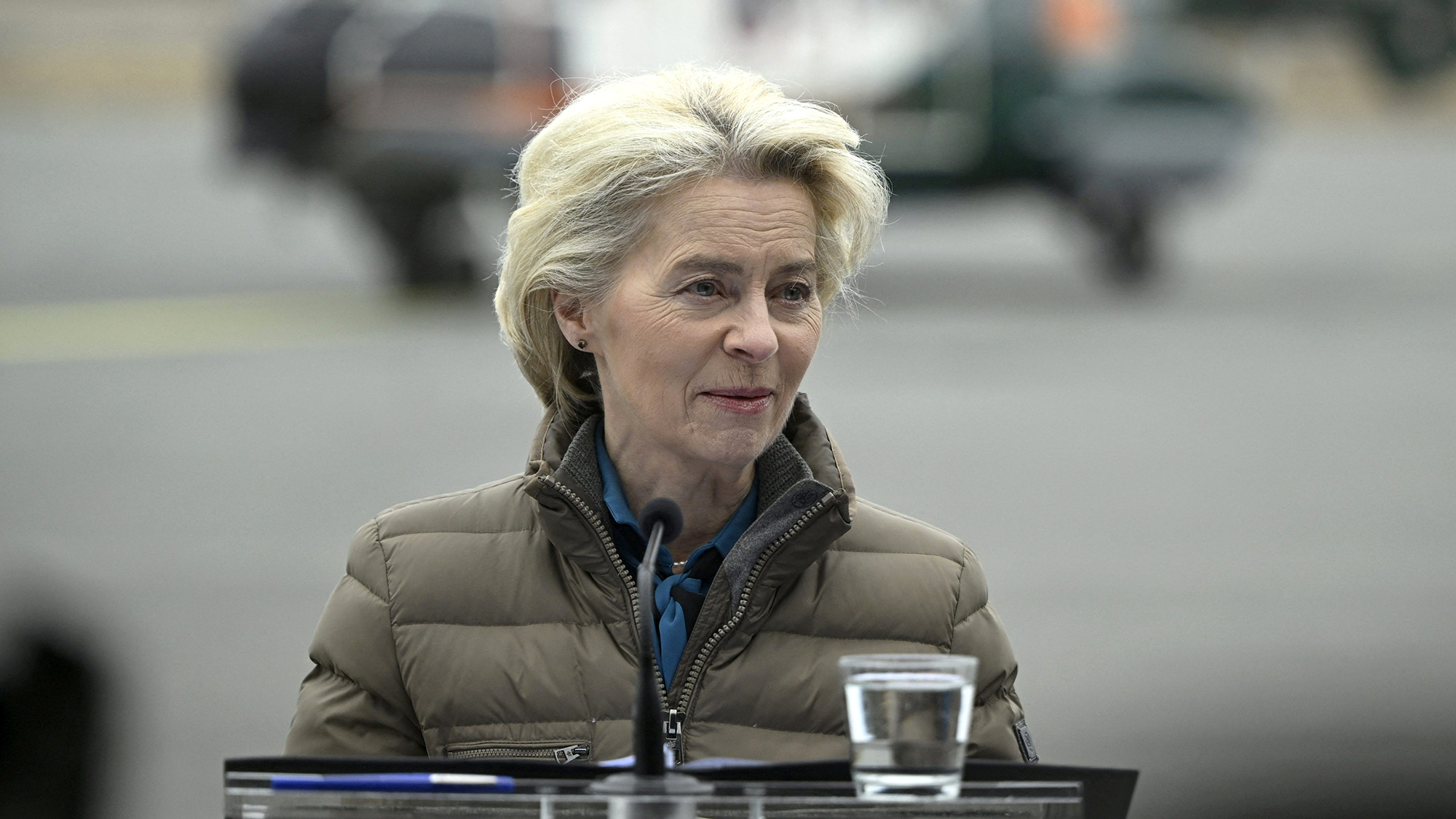 European Commission President Ursula von der Leyen attends a press conference at the Lappeenranta airport, eastern Finland, on April 19.