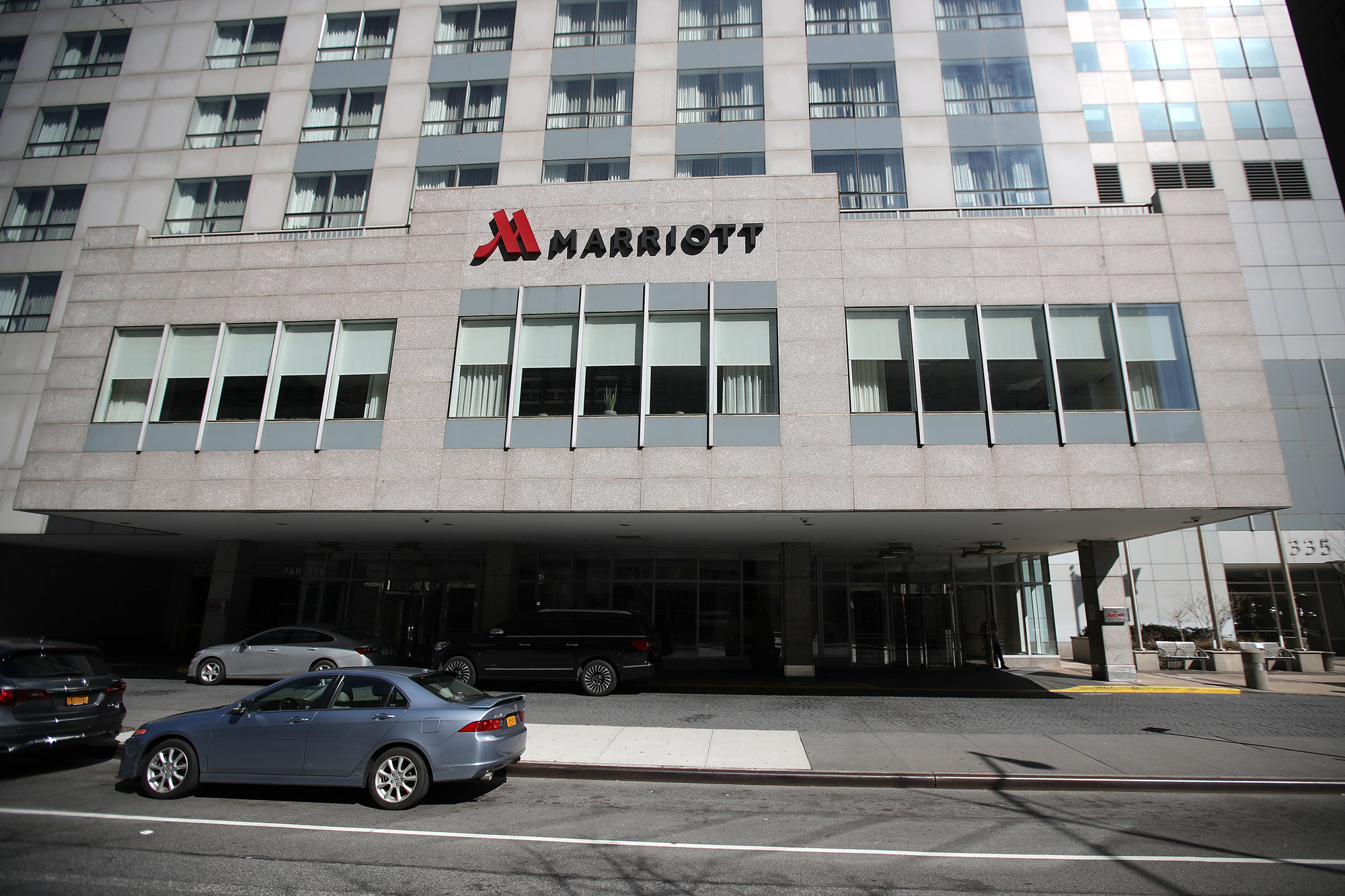 The New York Marriott stands at the Brooklyn Bridge on March 27 in the Brooklyn Heights neighborhood of the Brooklyn borough of New York City. 