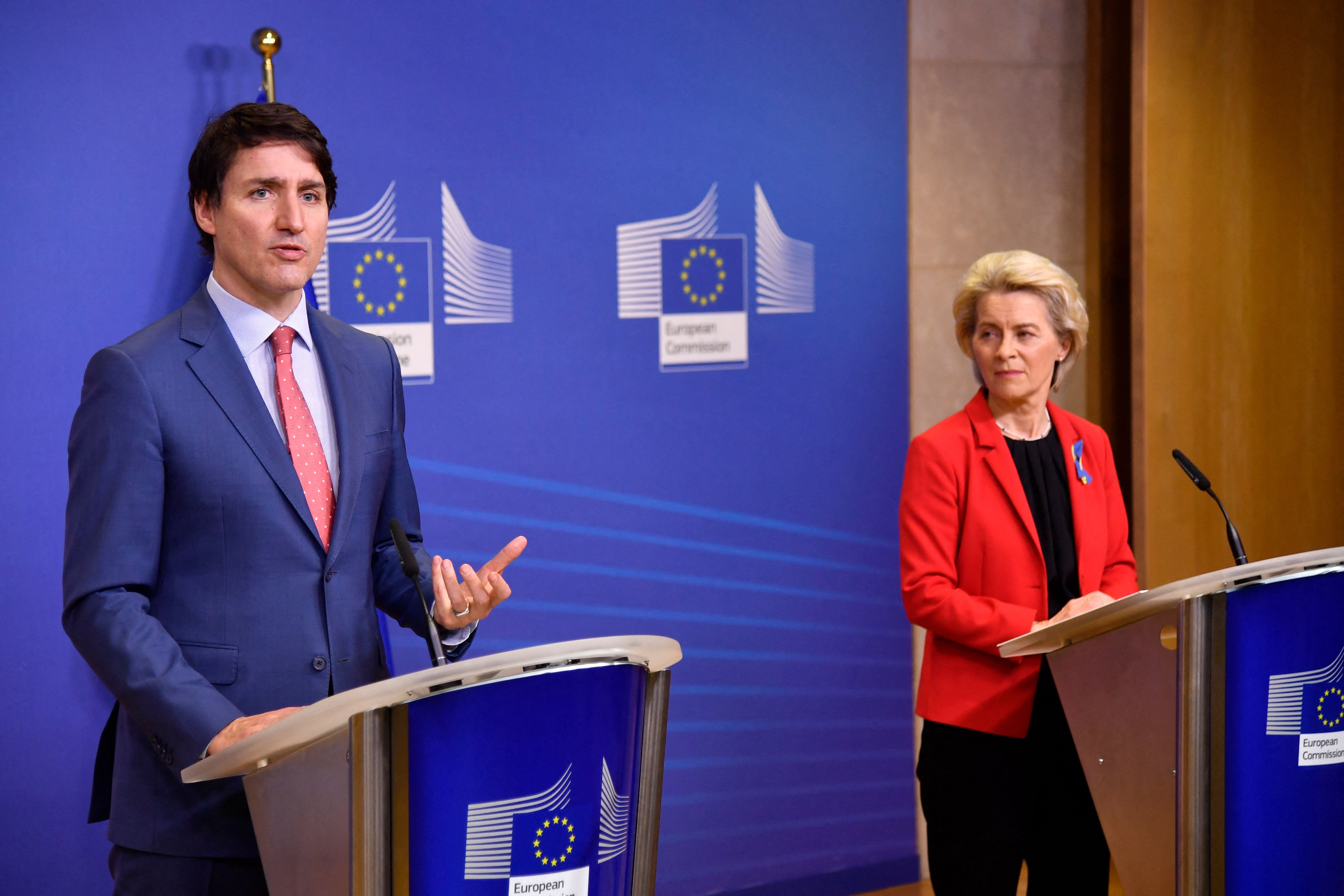 Canadian Prime Minister Justin Trudeau delivers a statement to media with European Commission President Ursula von der Leyen in Brussels, Belgium on March 23. 