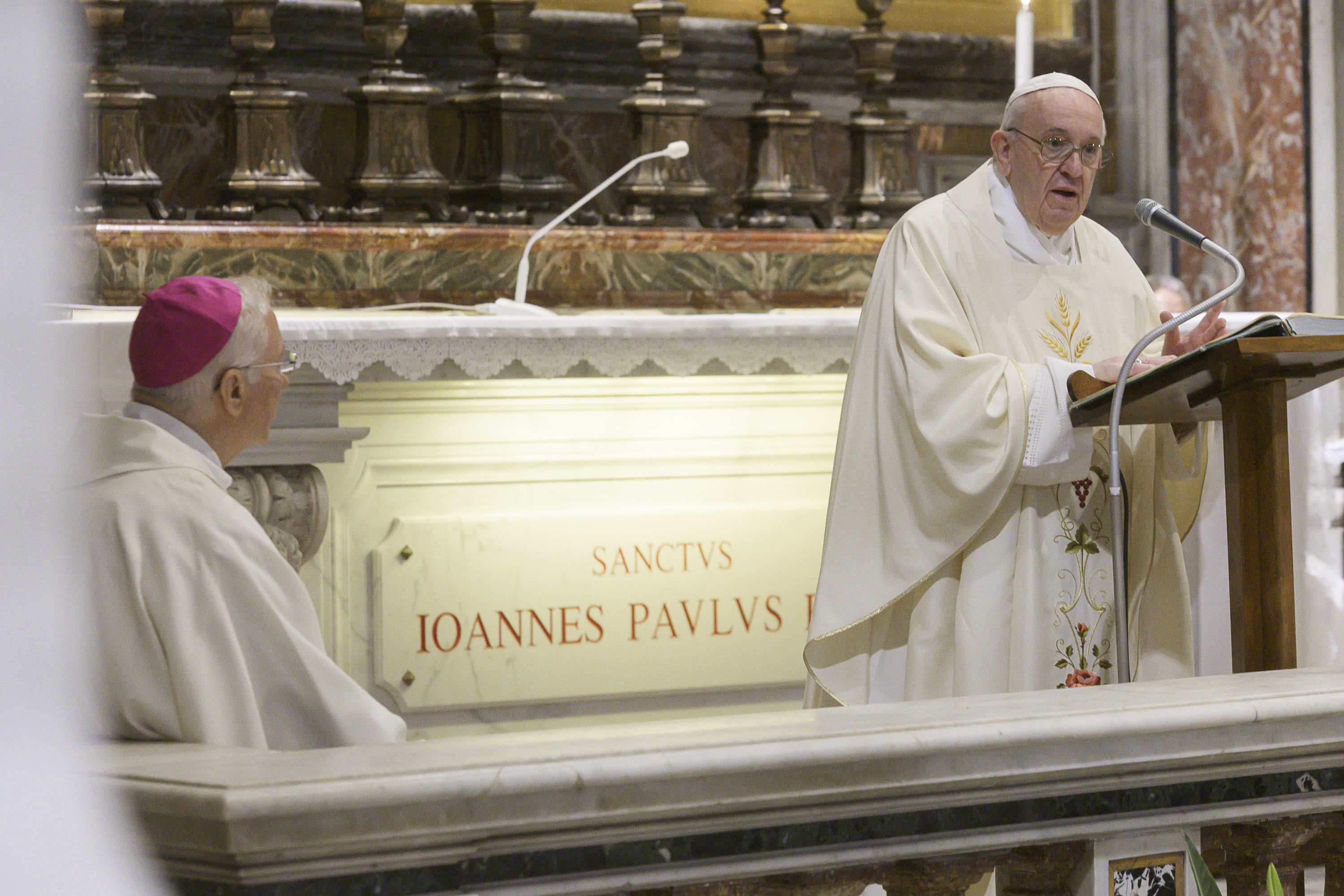 Pope Francis celebrates Mass for the 100th anniversary of the birth of Pope John Paul II, in St. Peter's Basilica, at the Vatican, on Monday, May 18. 