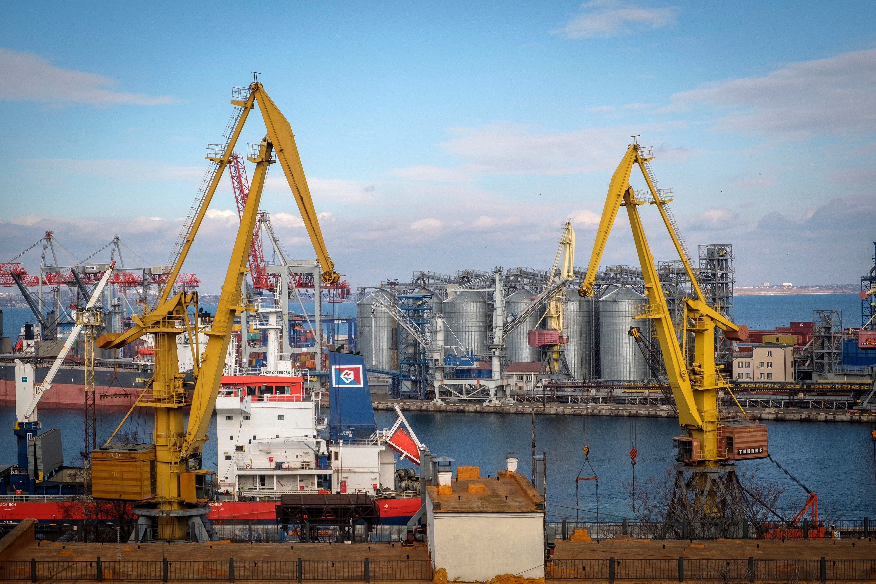 Storage silos and shipping cranes at the Port of Odesa in Ukraine, on January 22. 