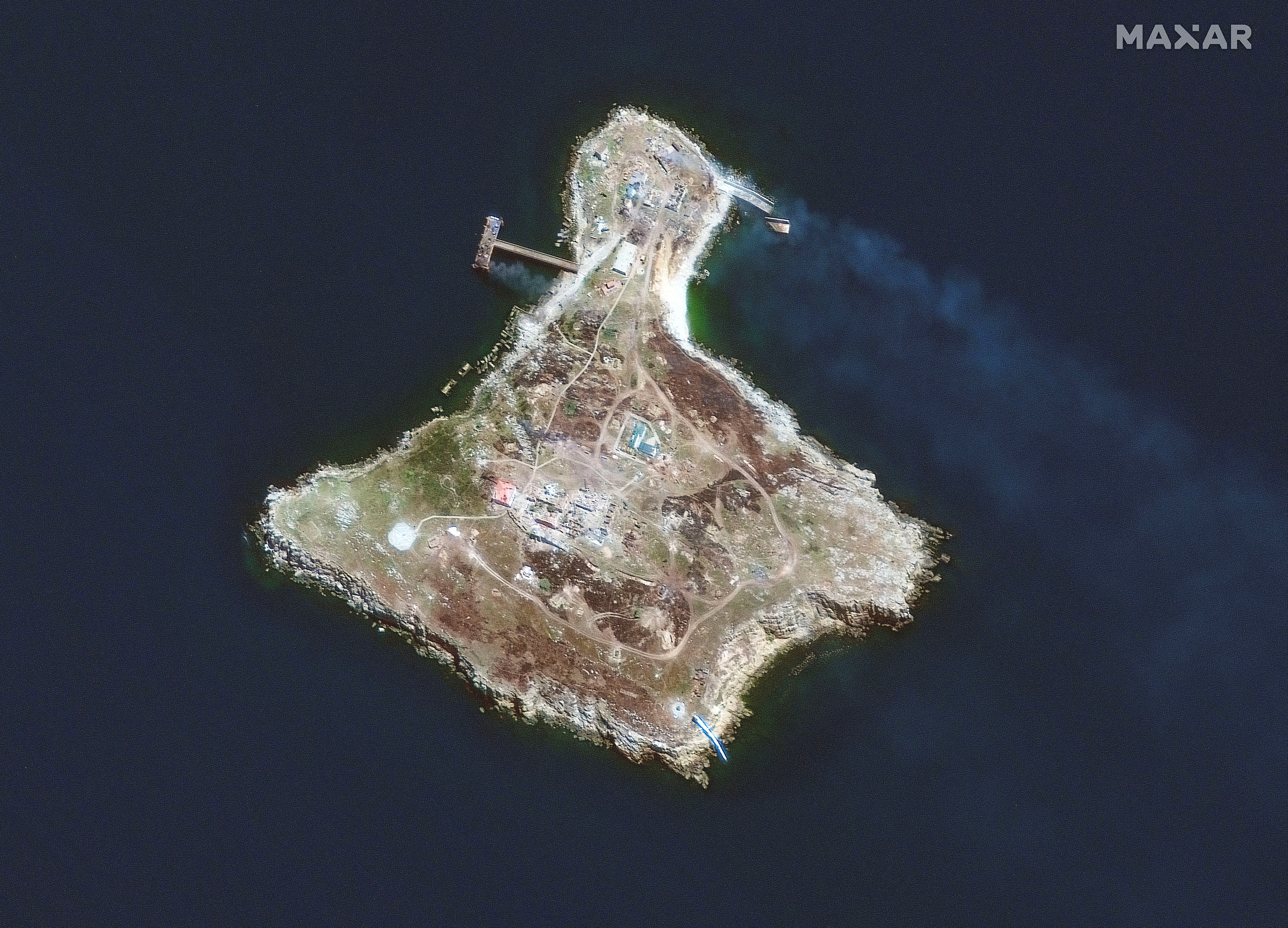 A satellite image shows an overview of Snake Island, Ukraine, on June 30.