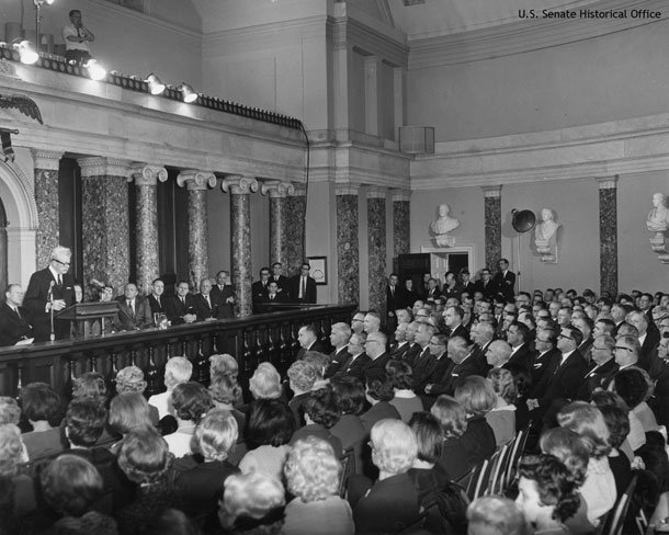 On January 17, 1966, in the Capitol’s Old Senate Chamber, Senate Republican Leader Everett Dirksen and House Minority Leader Gerald Ford delivered the first official opposition response to a State of the Union Address, beginning a tradition that continues to this day.