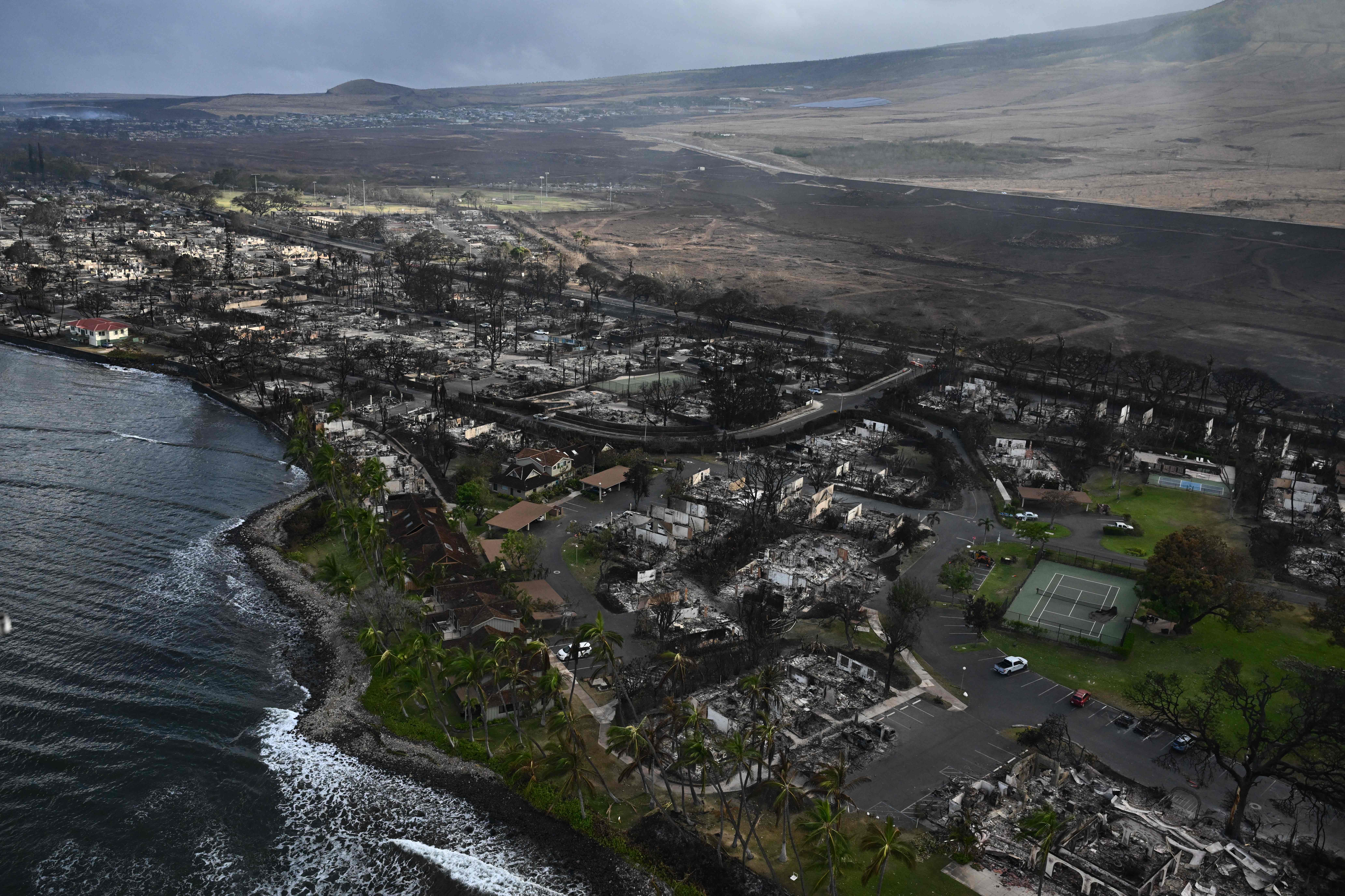 An aerial view shows destruction caused by a wildfire in Lahaina, Hawaii, on August 10.