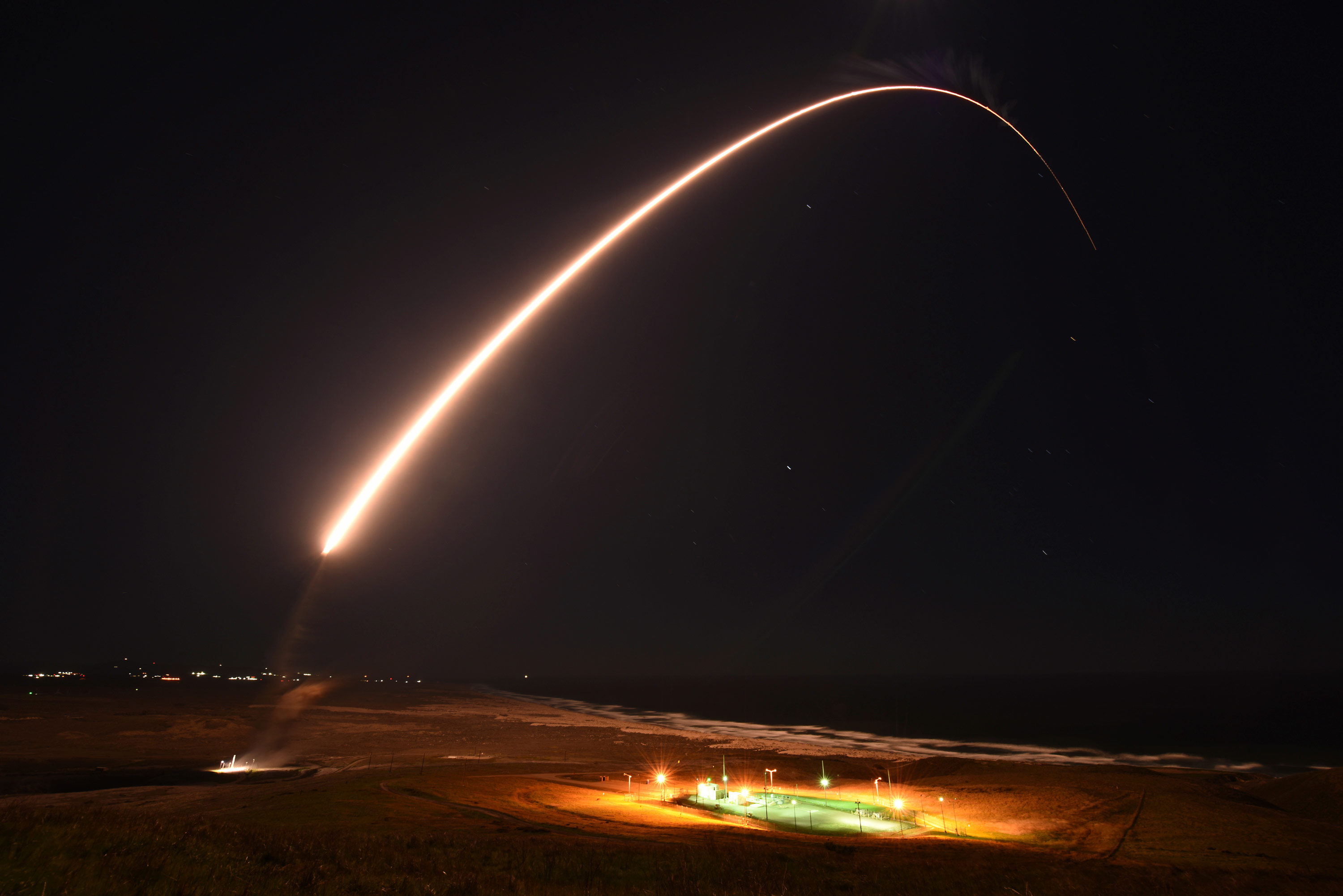 In this photo released by the U.S. Army Space and Missile Defense Command, an unarmed Minuteman 3 intercontinental ballistic missile launches during an operation test at Vandenberg Air Force Base, California, on Tuesday, February 23, 2021.