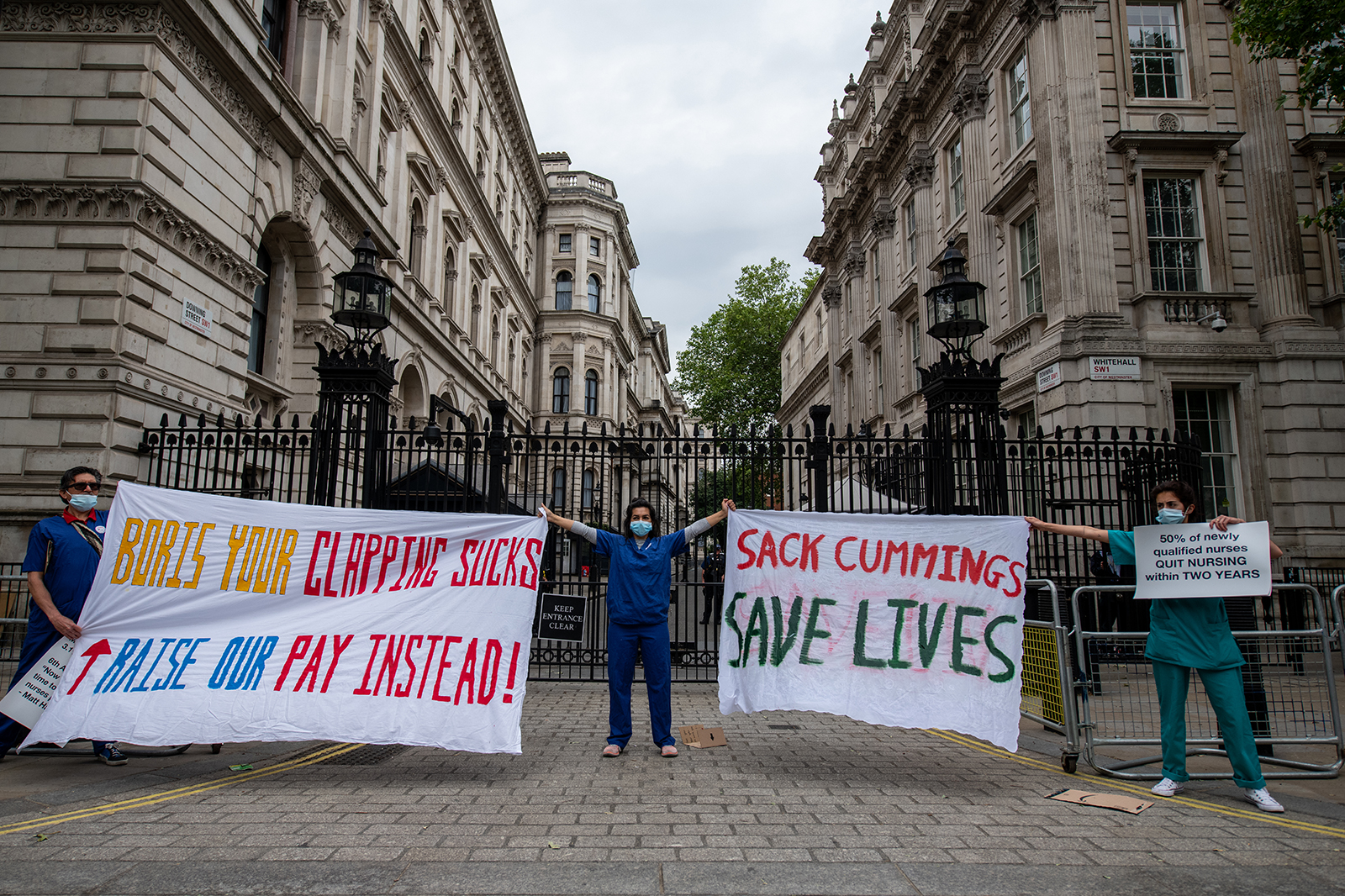 A group of nurses protest outside Downing Street demanding a pay rise, effective protection against Covid-19 and highlighting a disproportionately higher mortality rate among ethnic minority groups on June 3 in London.