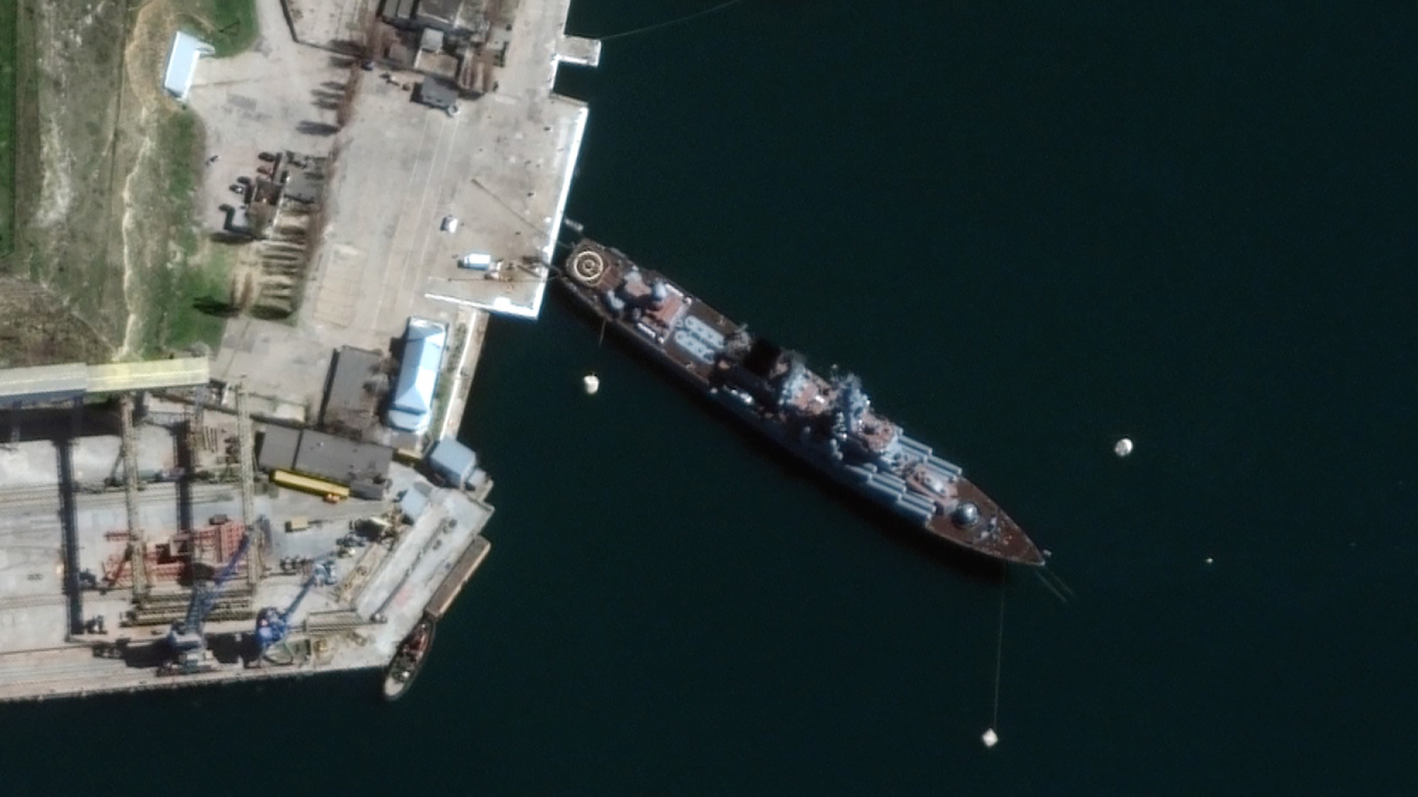 The Russian guided missile cruiser Moskva is seen in Sevastopol, Crimea in this satellite image on April 7. 