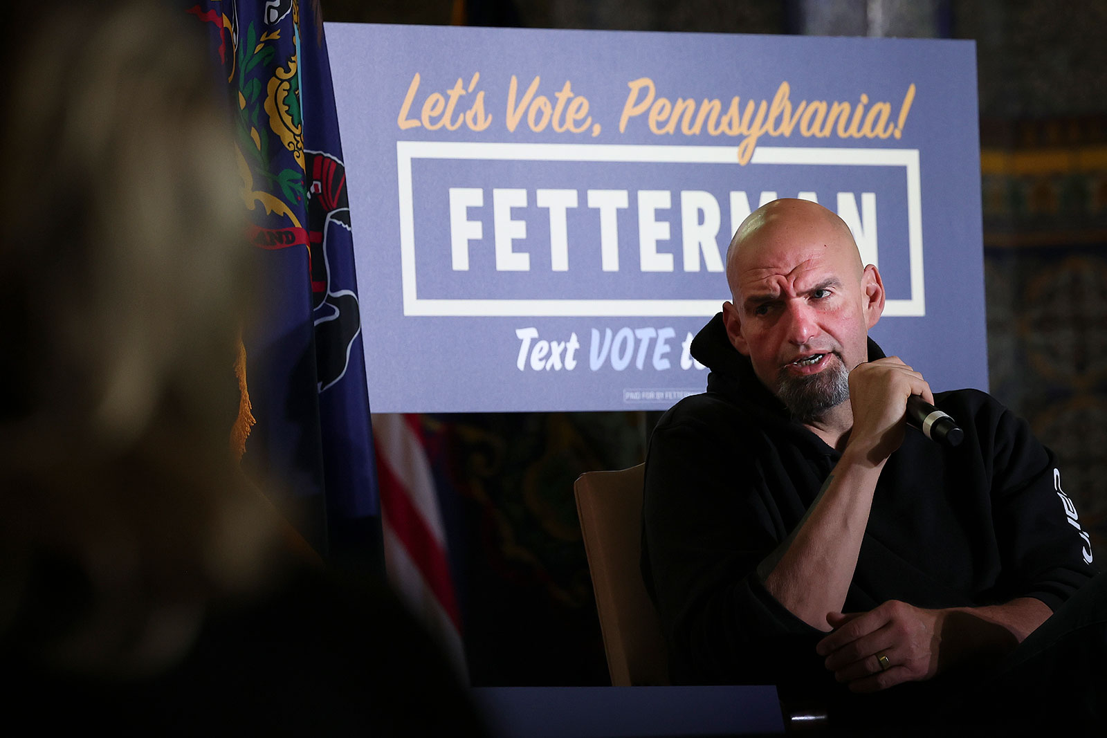 John Fetterman, Democratic candidate for Pennsylvania's Senate seat, speaks during a campaign event in Harrisburg, Pennsylvania, on November 6.