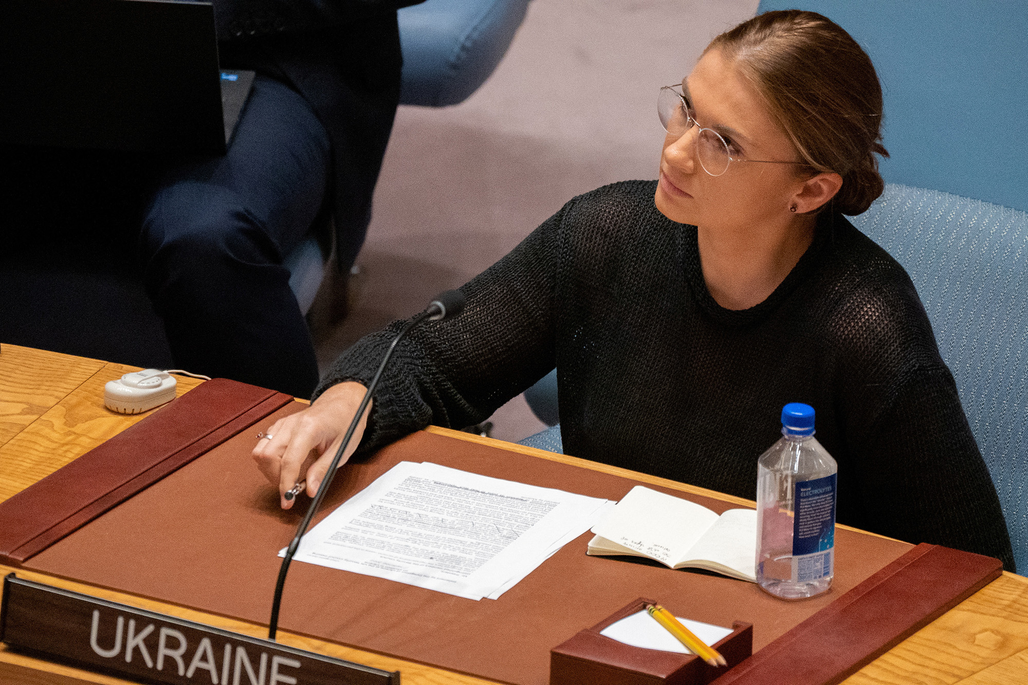 Deputy Permanent Representative of Ukraine Khrystyna Hayovyshyn attends the UN Security Council's emergency meeting at the United Nations Headquarters in New York City, U.S., on September 7.