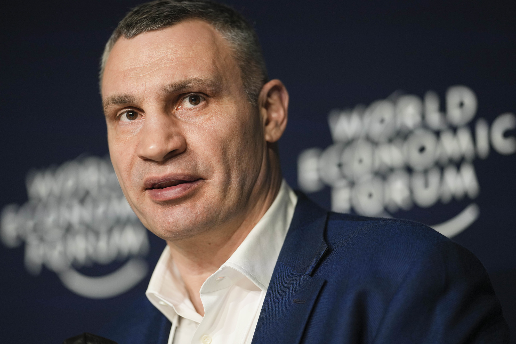 Kyiv Mayor Vitali Klitschko speakes at a conversation about the war in Ukraine during the World Economic Forum in Davos, Switzerland, on May 26.