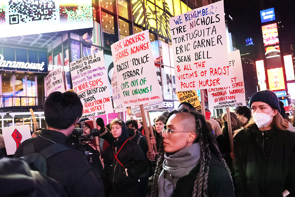 People march while protesting the death of Tyre Nichols on January 27, in New York City. 