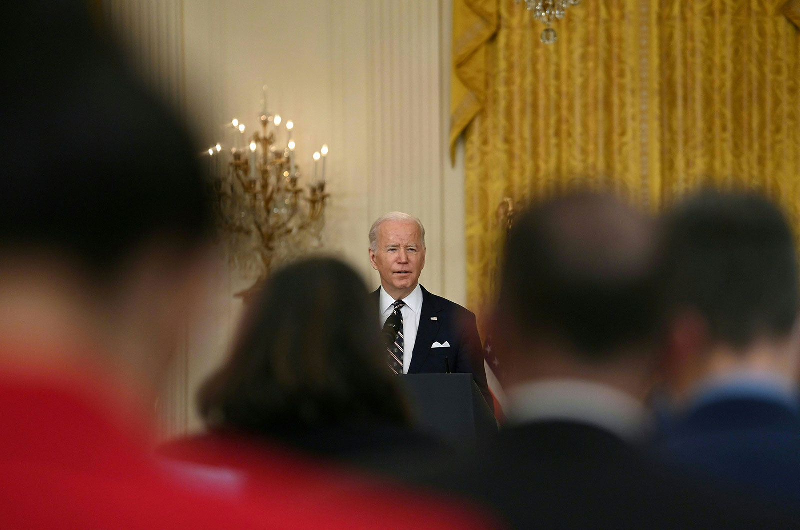 US President Joe Biden speaks from the East Room of the White House on February 22.