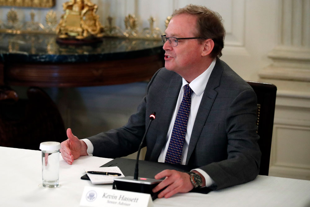White House senior adviser Kevin Hassett speaks about reopening the country during a meeting with business executives at the White House on Wednesday, April 29.