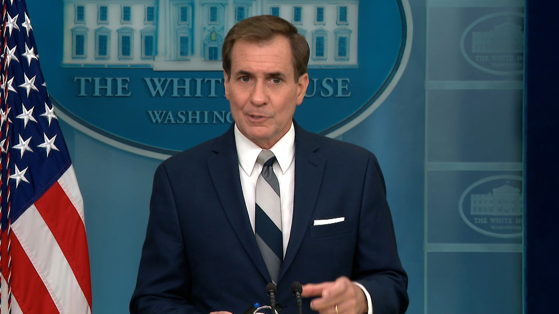 John Kirby, communications coordinator at the National Security Council, speaks during a news briefing on Tuesday.