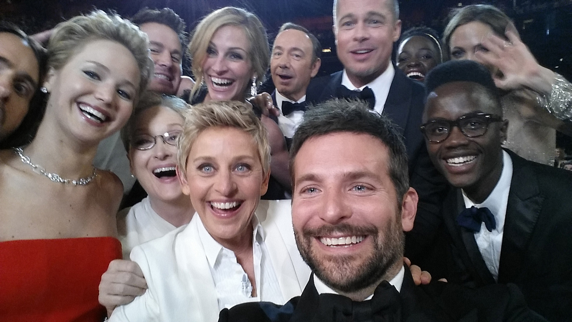 (From left) Jared Leto, Jennifer Lawrence, Channing Tatum, Meryl Streep, Julia Roberts, Kevin Spacey, Brad Pitt, Lupita Nyong'o, Angelina Jolie, Peter Nyong'o Jr. and Bradley Cooper pose for a selfie with Ellen DeGeneres at the 2014 Oscars in Los Angeles. 
