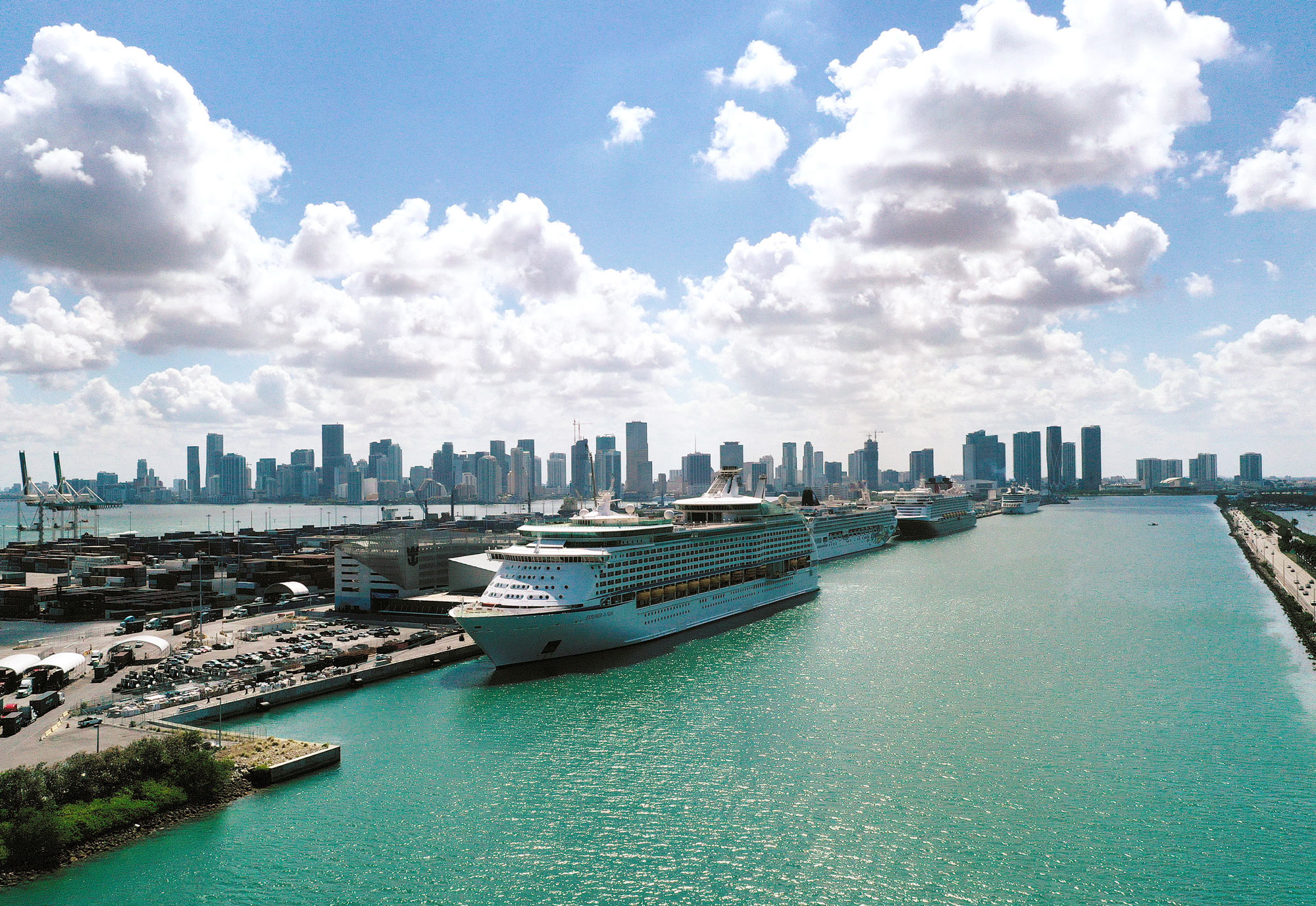 Cruise ships sit docked at PortMiami on May 26 in Miami.