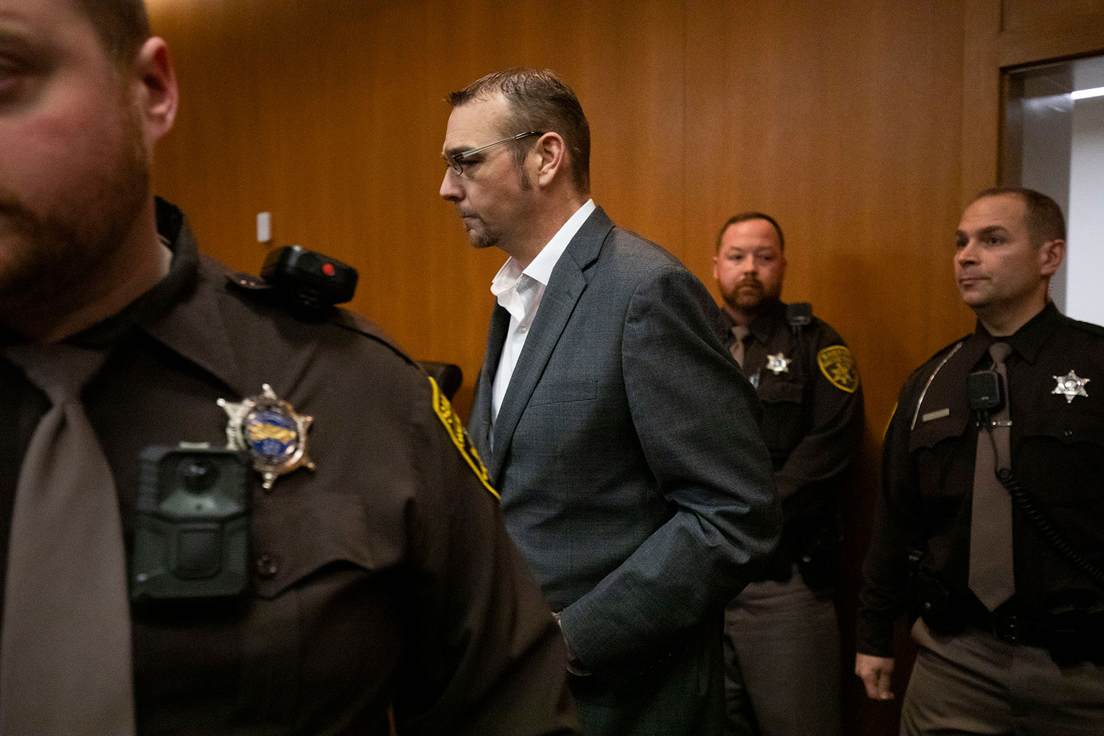James Crumbley enters the courtroom to hear the jury's verdict on March 14 at Oakland County Circuit Court in Pontiac, Michigan.
