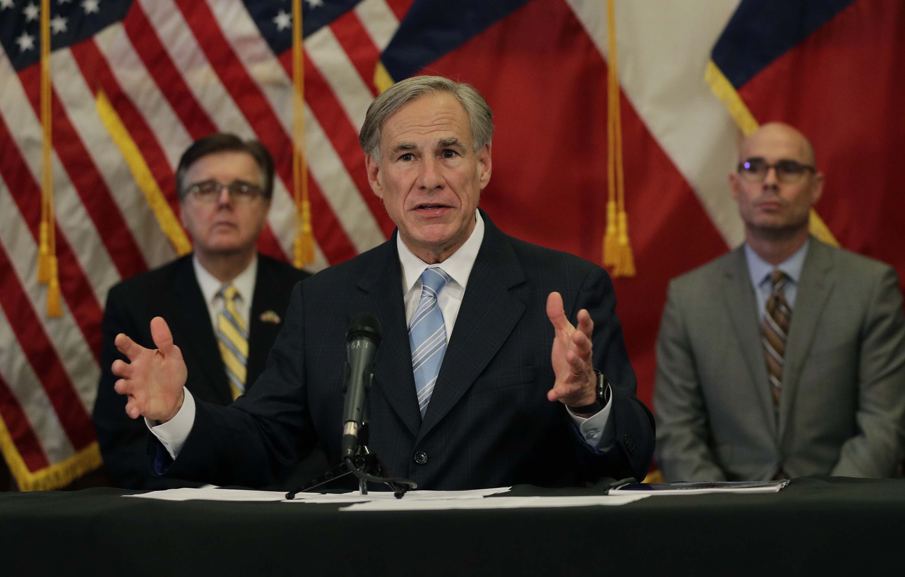 Texas Governor Greg Abbott speaks during a news conference where he announced he would relax some restrictions imposed on businesses due to the COVID-19 pandemic, on Monday, April 27, in Austin, Texas.