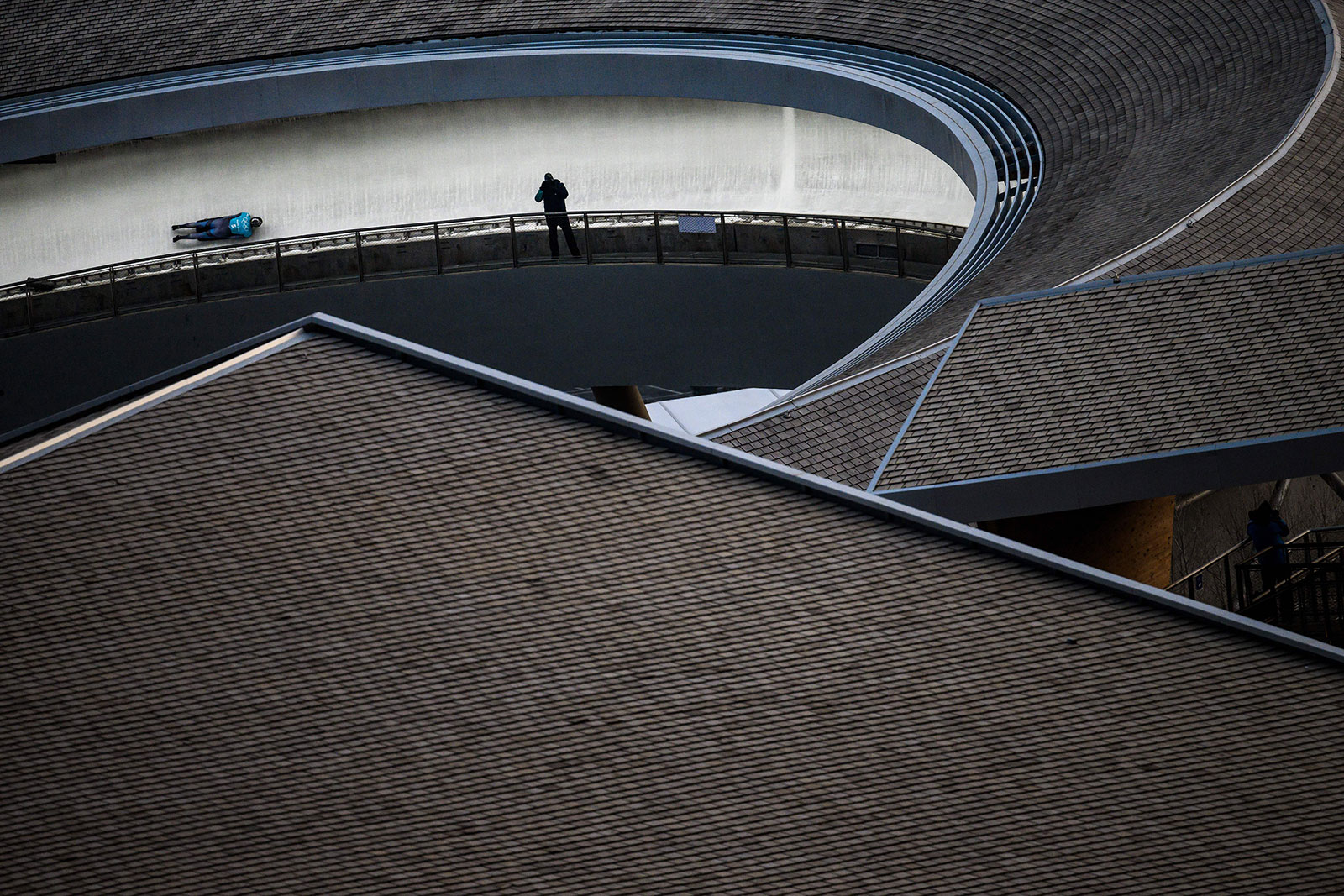 American Andrew Blaser goes down the track during skeleton training on February 9.