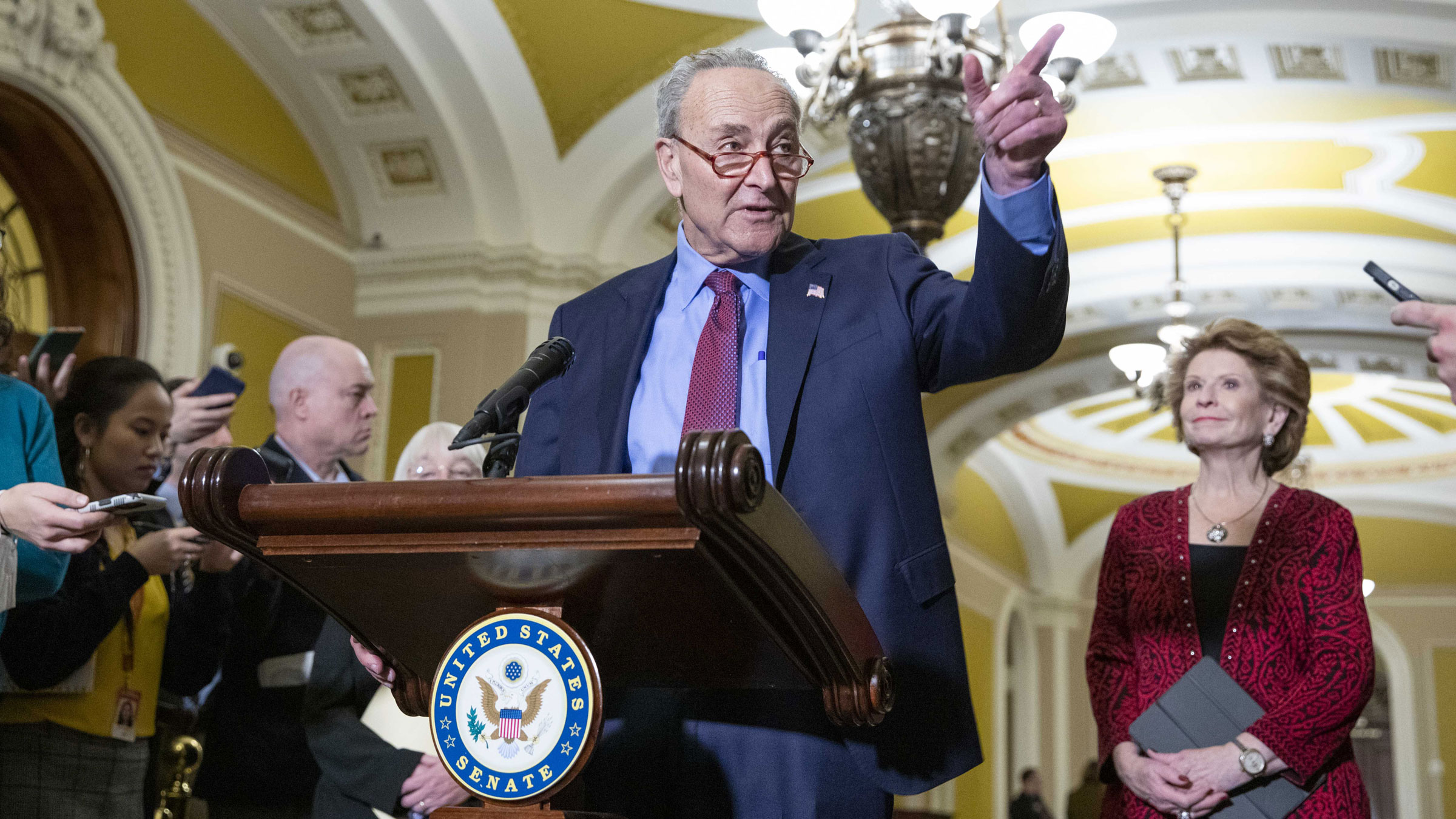 Senate Majority Leader Chuck Schumer speaks at a news conference on Tuesday.