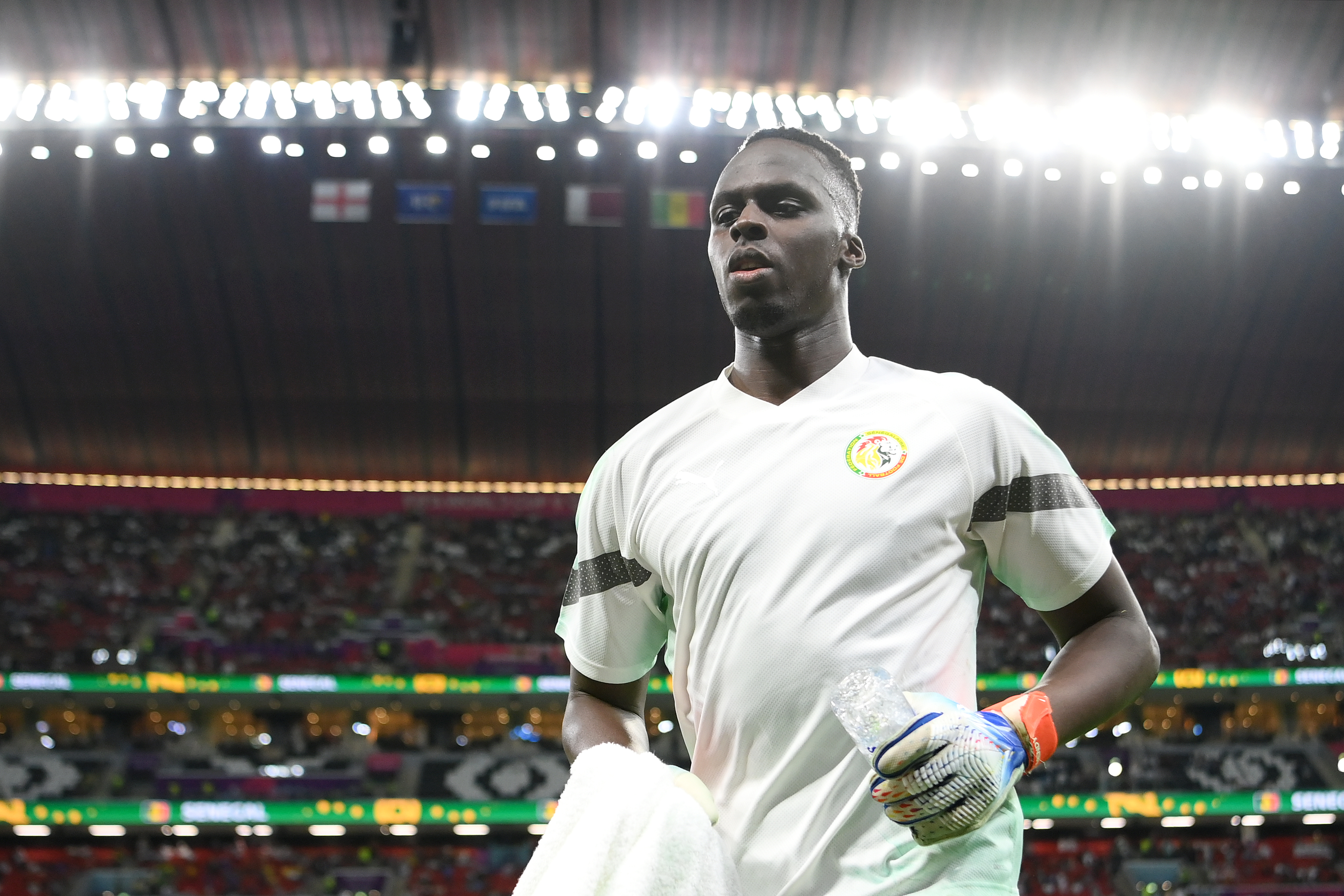 Édouard Mendy of Senegal warms up before the match between England and Senegal at Al Bayt Stadium in Al Khor, Qatar on Sunday.
