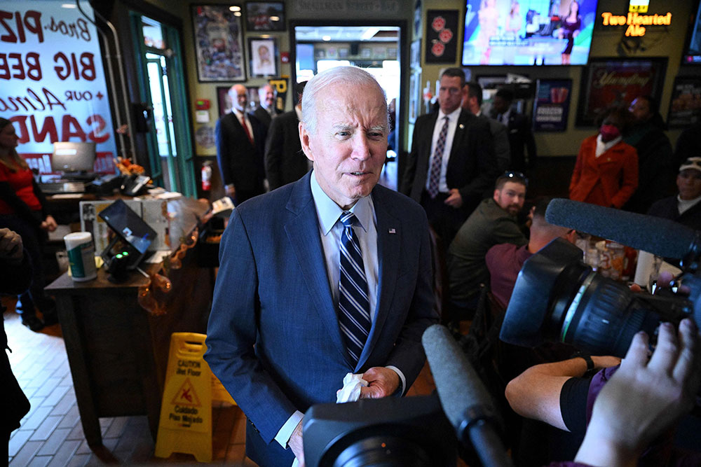 President Joe Biden speaks to the press during a visit to Primanti Bros sandwich shop in Moon Township, Pennsylvania, on Oct. 20. 
