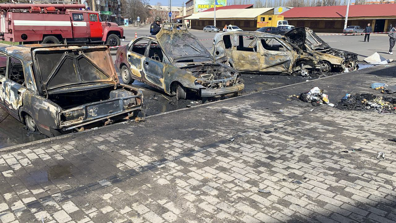Burnt out vehicles are seen after a rocket attack on the railway station in the eastern city of Kramatorsk, in the Donbas region of Ukraine, on April 8. 