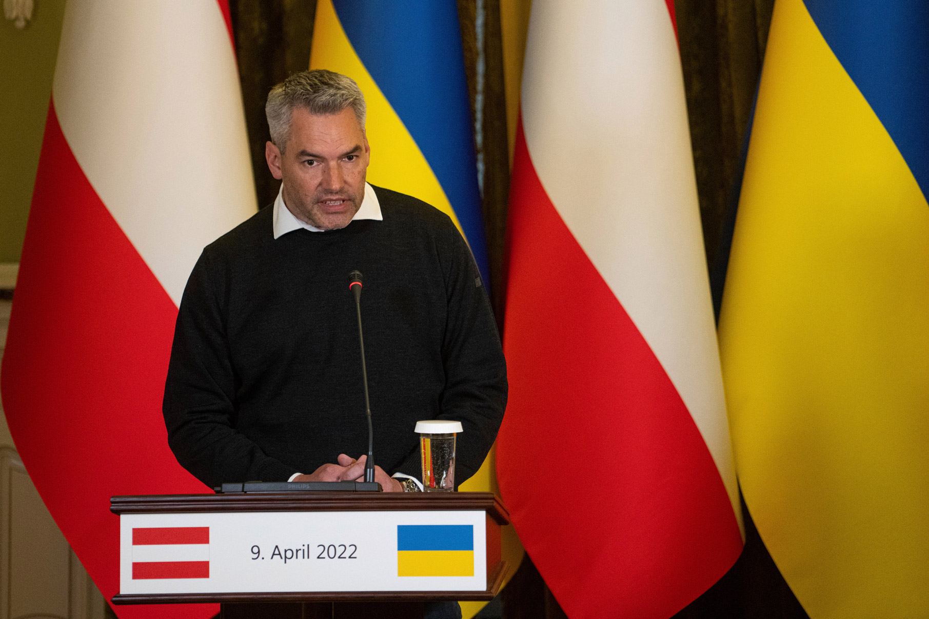 Austria's Chancellor Karl Nehammer talks during a news conference with Ukrainian President Volodymyr Zelenskyy in Kyiv, on Saturday.