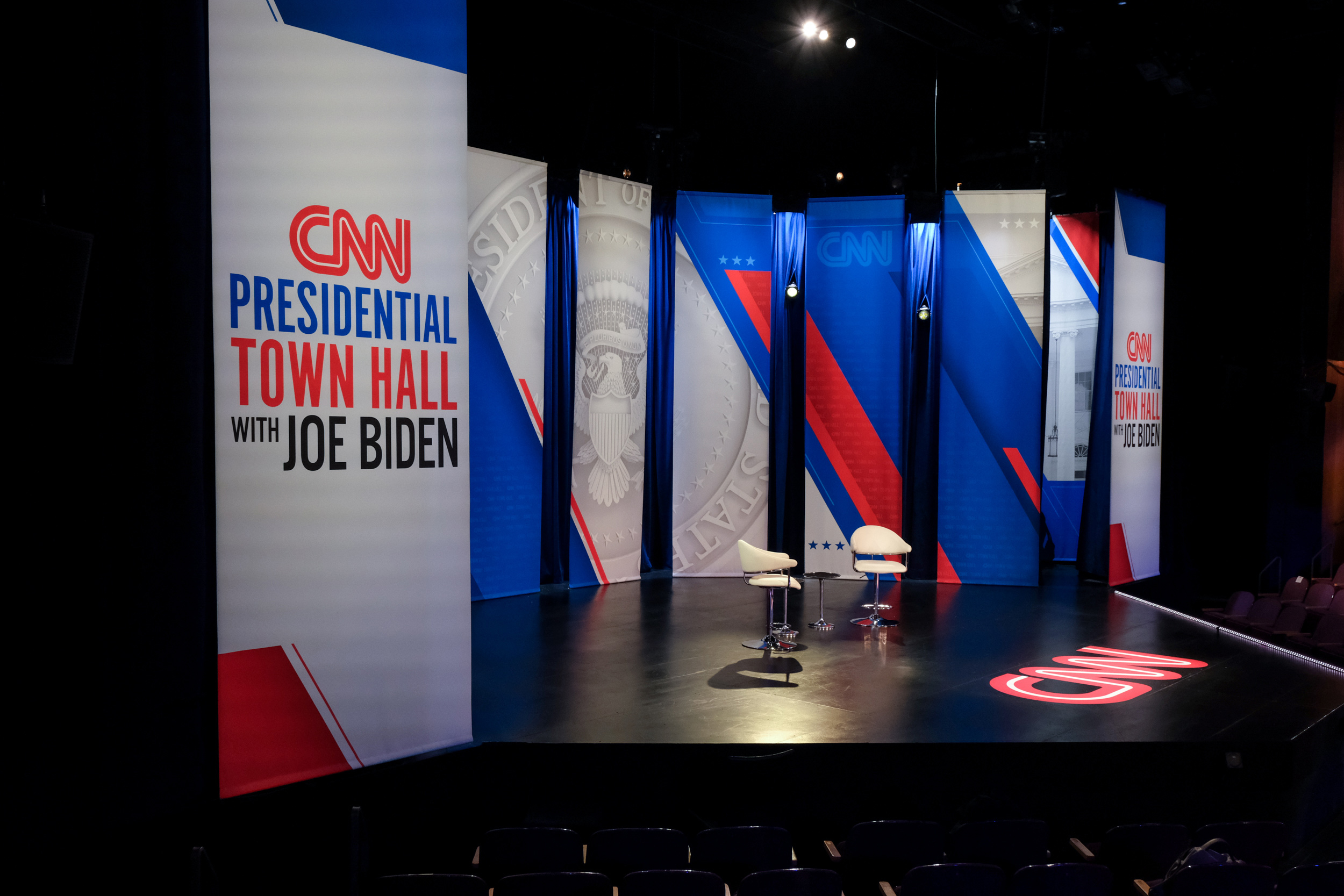 The stage is seen ahead of CNN's Presidential Town Hall with Joe Biden in Baltimore, Maryland, on October 21, 2021.