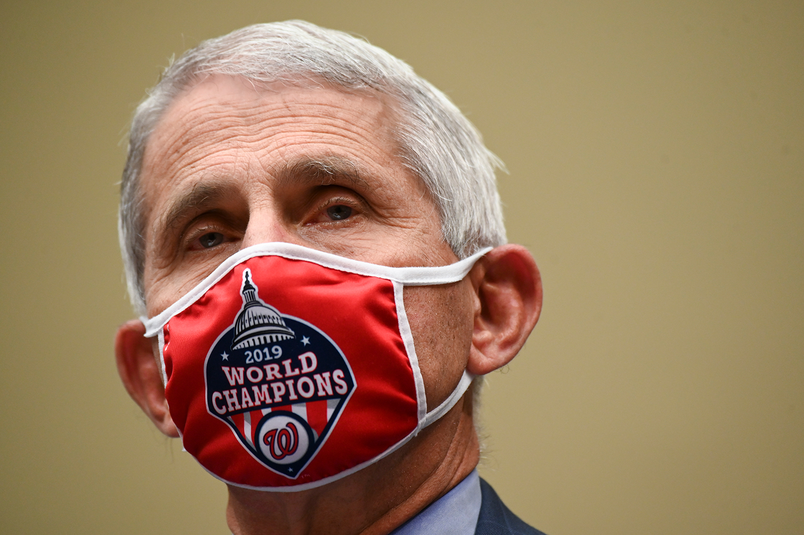 Anthony Fauci, director of the National Institute of Allergy and Infectious Diseases, wears a Washington Nationals protective mask during a House Select Subcommittee on the Coronavirus Crisis hearing on July 31, in Washington. 