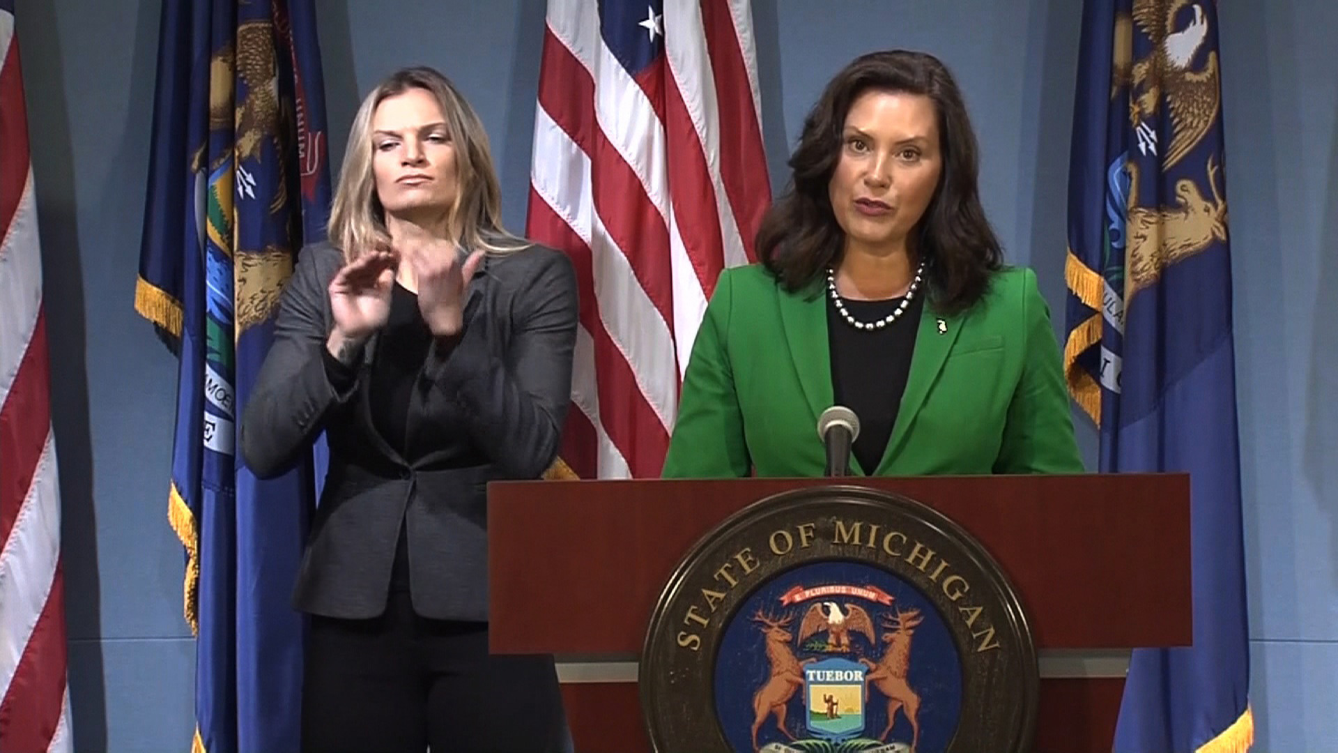Michigan Gov. Gretchen Whitmer speaks during a press conference in Lansing, Michigan, on August 14.