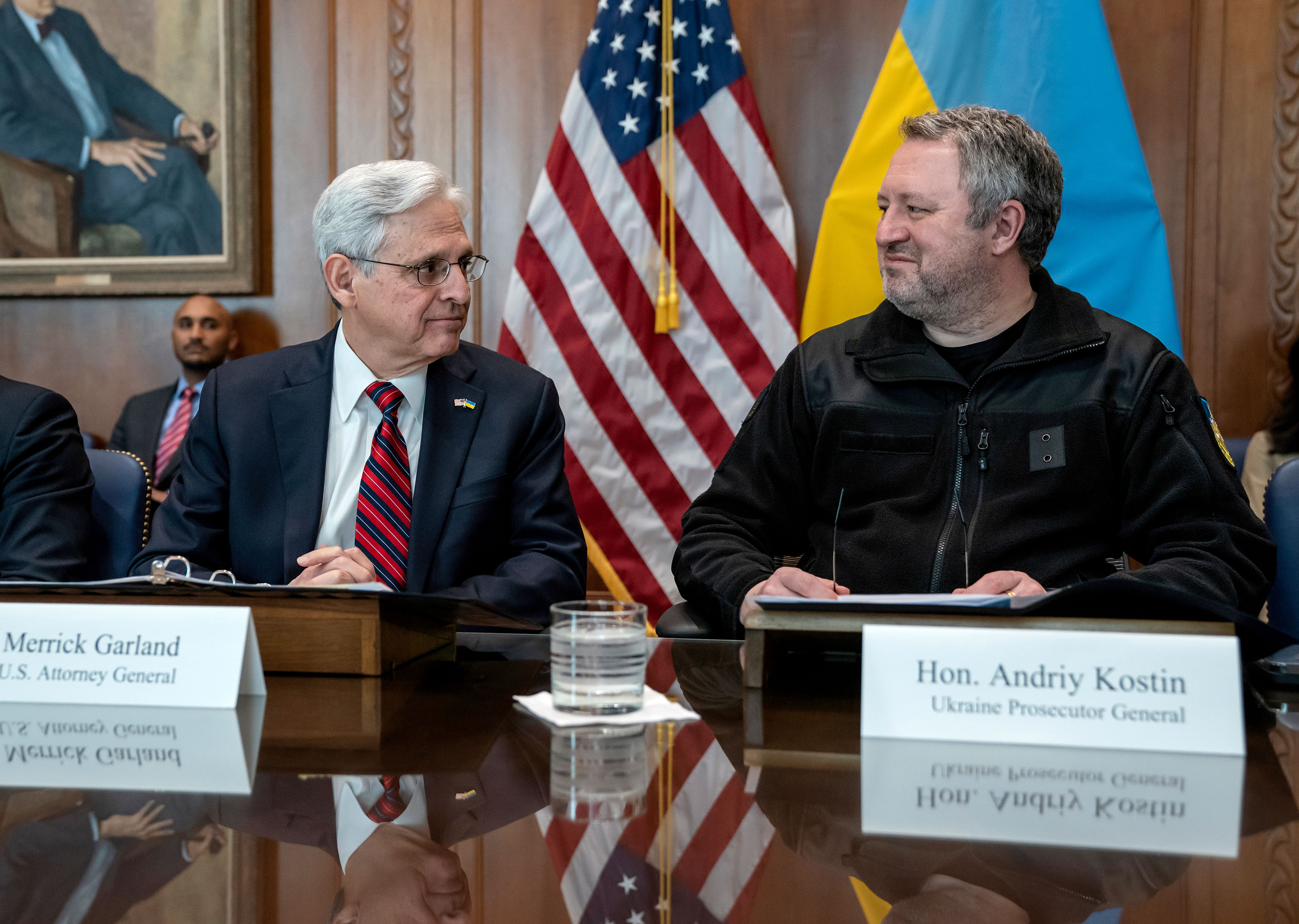 US Attorney General Merrick Garland, left, meets with Ukrainian Prosecutor General Andriy Kostin and officials at the Justice Department in Washington, DC, on February 3. 