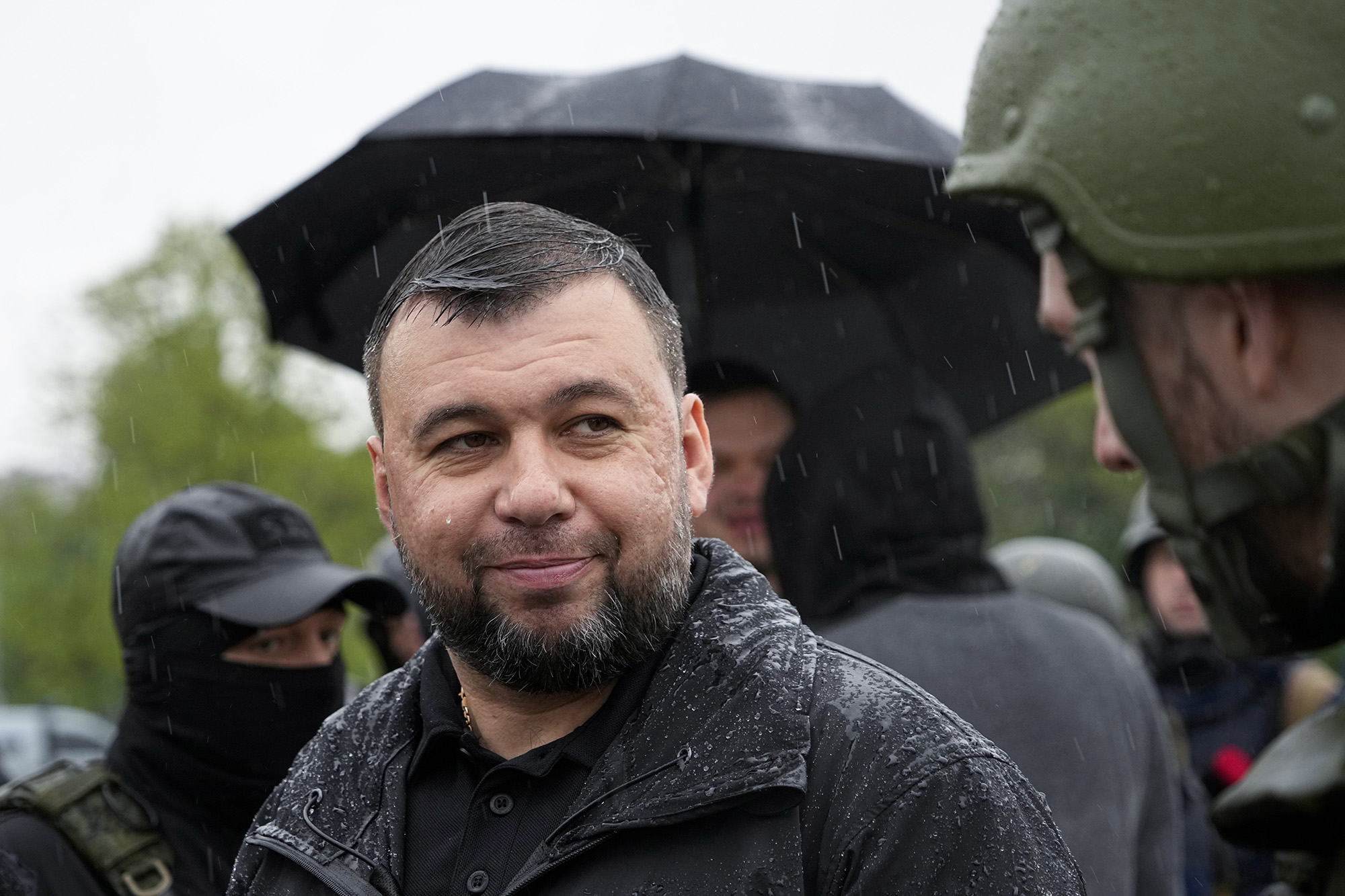 Denis Pushilin, the leader of the Donetsk People's Republic, speaks to journalists in Mariupol, Ukraine, on May 18. This photo was taken during a trip organized by the Russian Ministry of Defense.