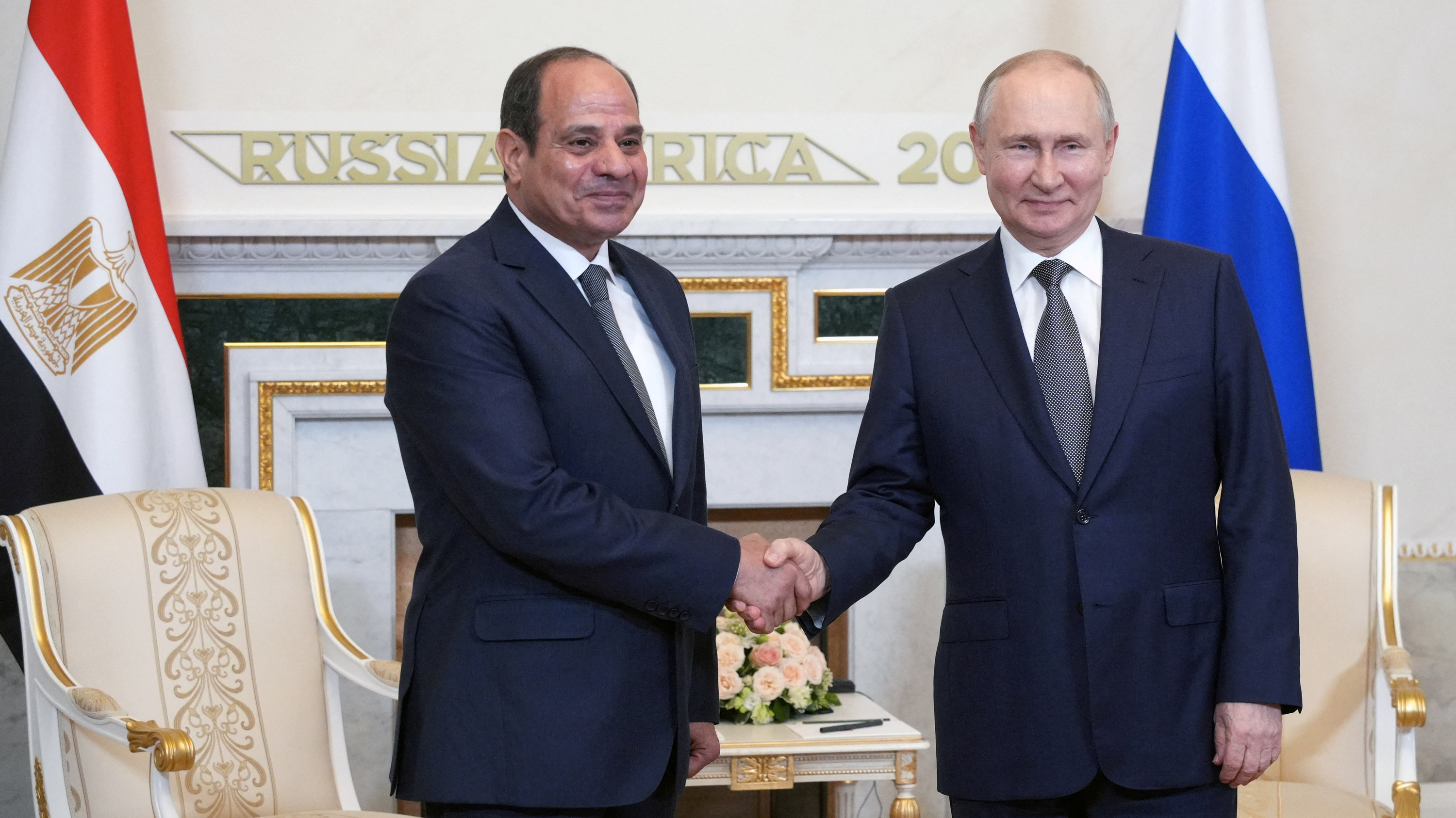Russian President Vladimir Putin shakes hands with Egyptian President Abdel Fattah al-Sisi before a meeting on the sidelines of Russia-Africa summit in Saint Petersburg, Russia, on July 26, 2023.