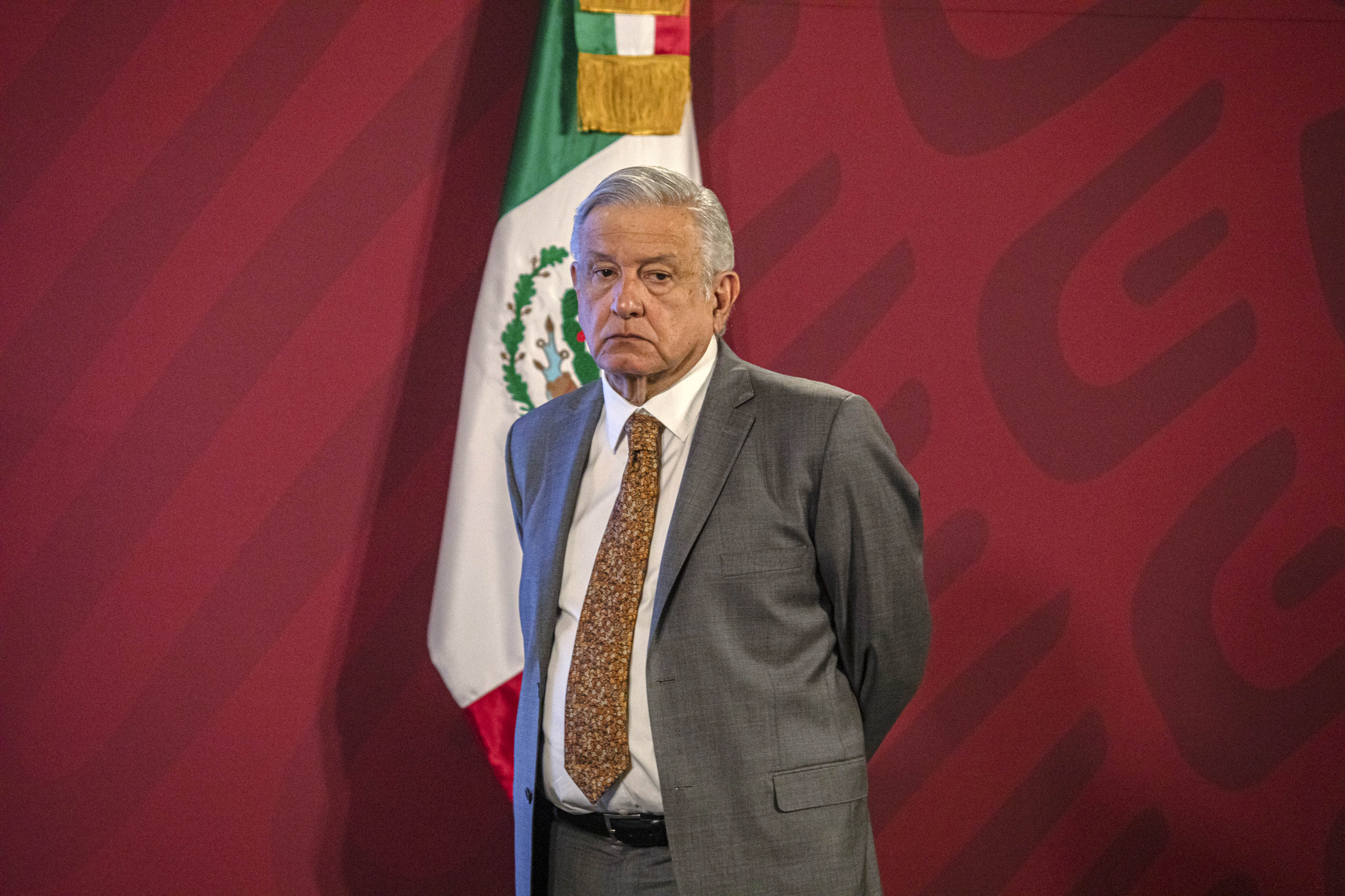 Andrés Manuel López Obrador, Mexico's president, stands during a news conference in Mexico City on June 23.
