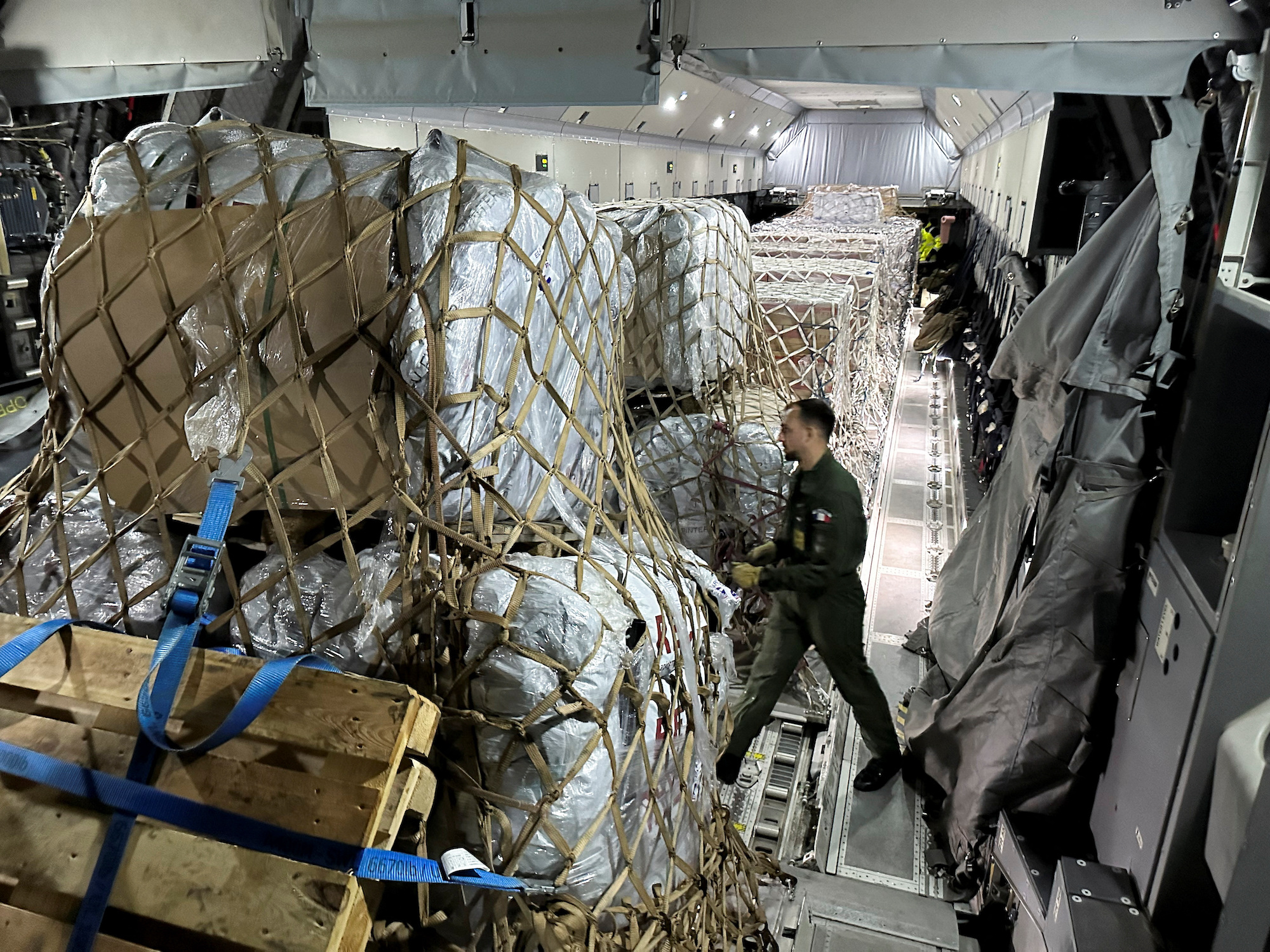 Humanitarian aid for Gaza is loaded on a French Air Force plane at Orleans Air Base, France, on November 4.