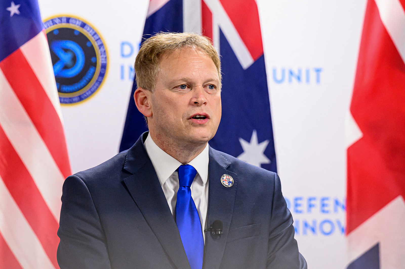 Grant Shapps speaks during a joint press conference in Mountain View, California, on December 1.