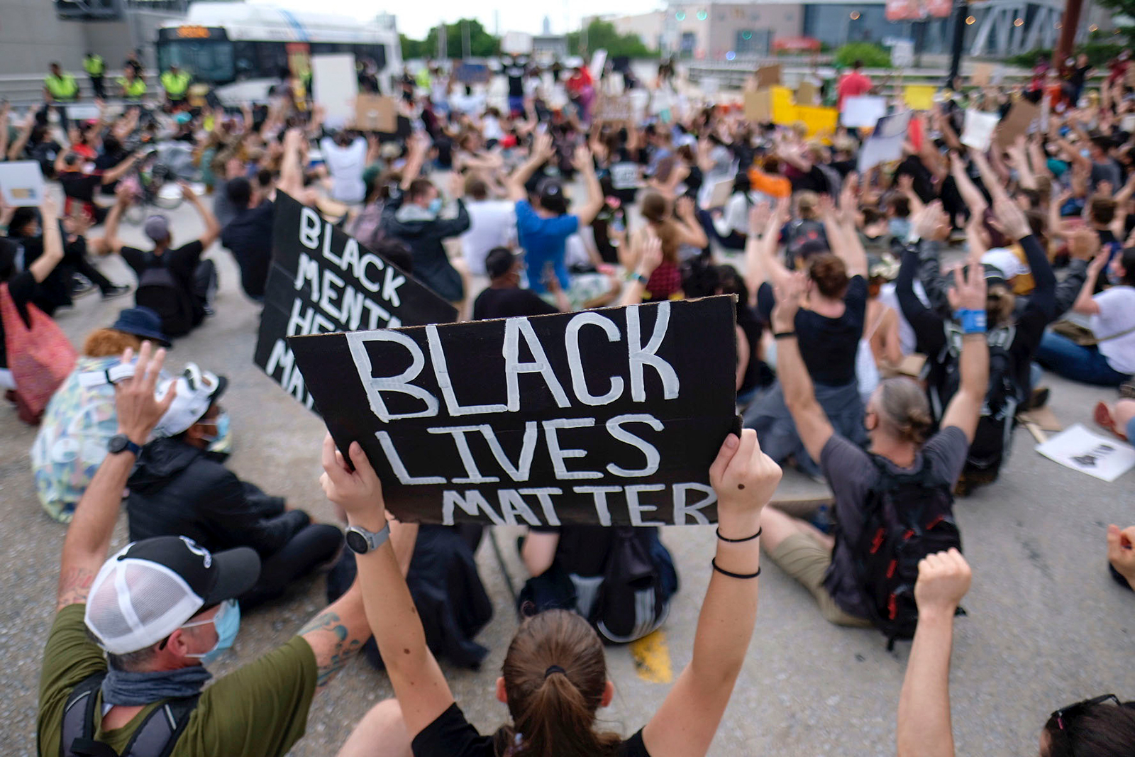 Groups of demonstrators gather as protests continue in front of city hall on June 5, in Atlanta.
