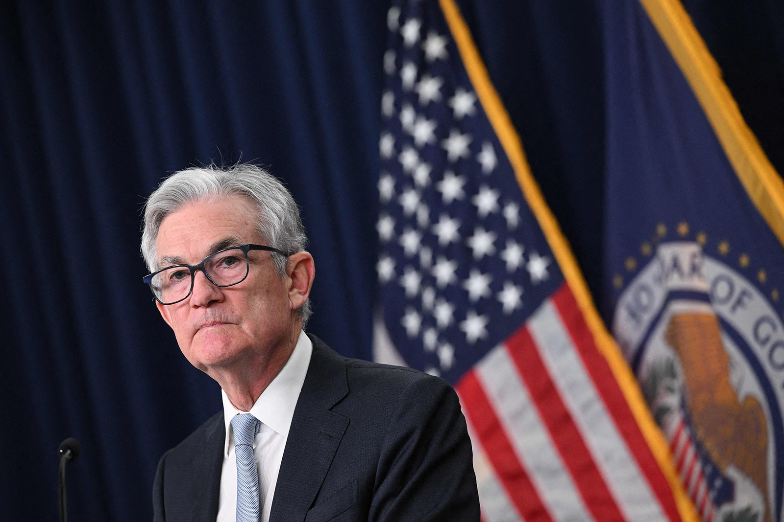 Federal Reserve Chairman Jerome Powell speaks at a news conference today after the Federal Open Market Committee meeting at the Federal Reserve Building in Washington, DC.