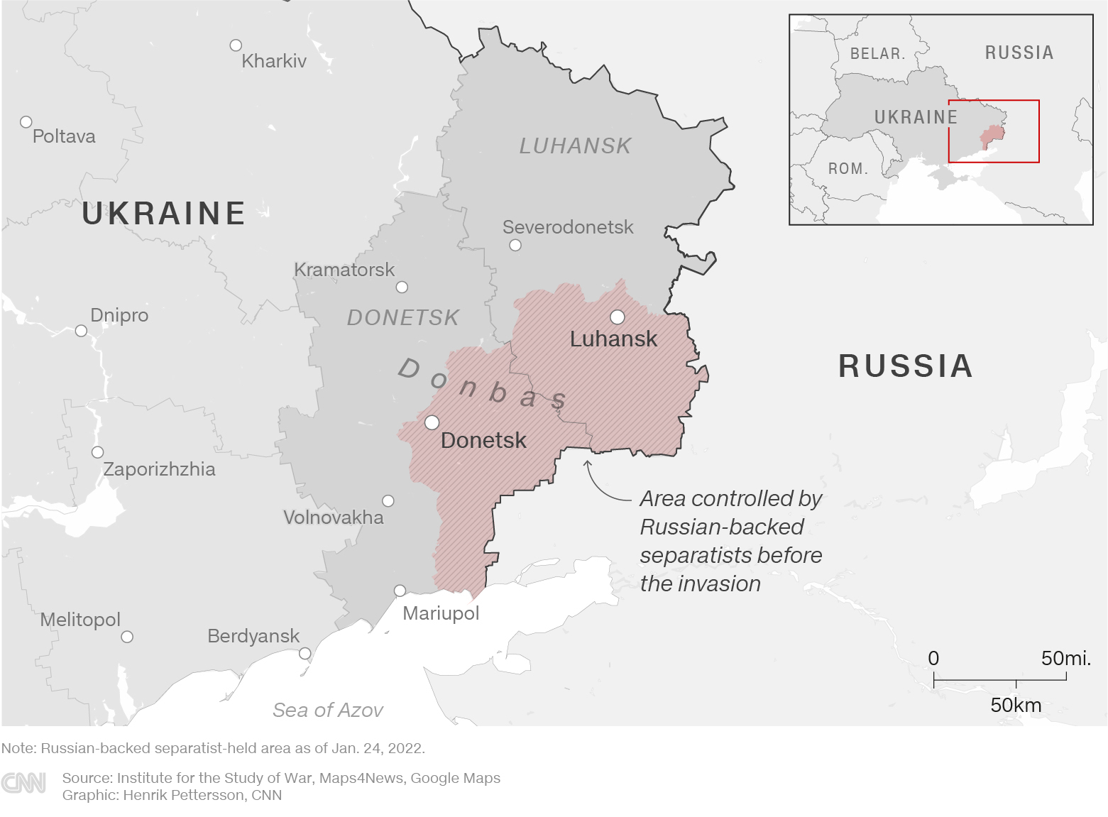 Maps showing the region and what part of it has been under Russian control since before the invasion.