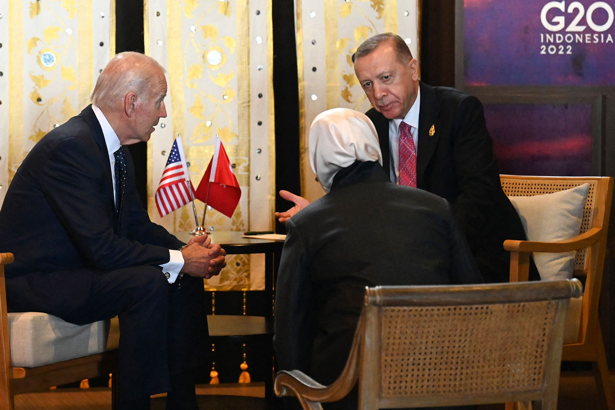 US President Joe Biden, left, talks with Turkey's President Recep Tayyip Erdogan during their bilateral meeting during the G20 summit in Nusa Dua, Bali, on November 15.