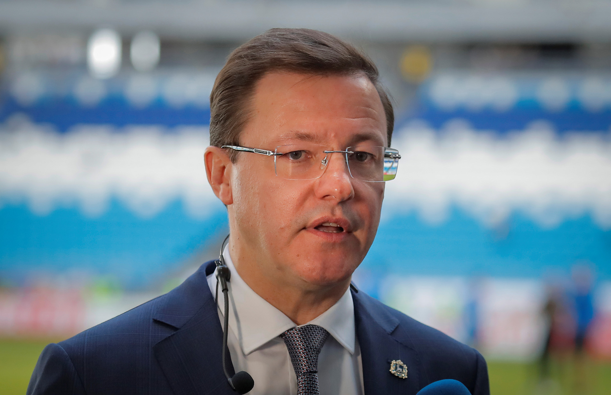 Dmitry Azarov, the acting governor of Samara region, speaks inside the Samara Arena stadium in Samara, Russia, on May 6, 2018.