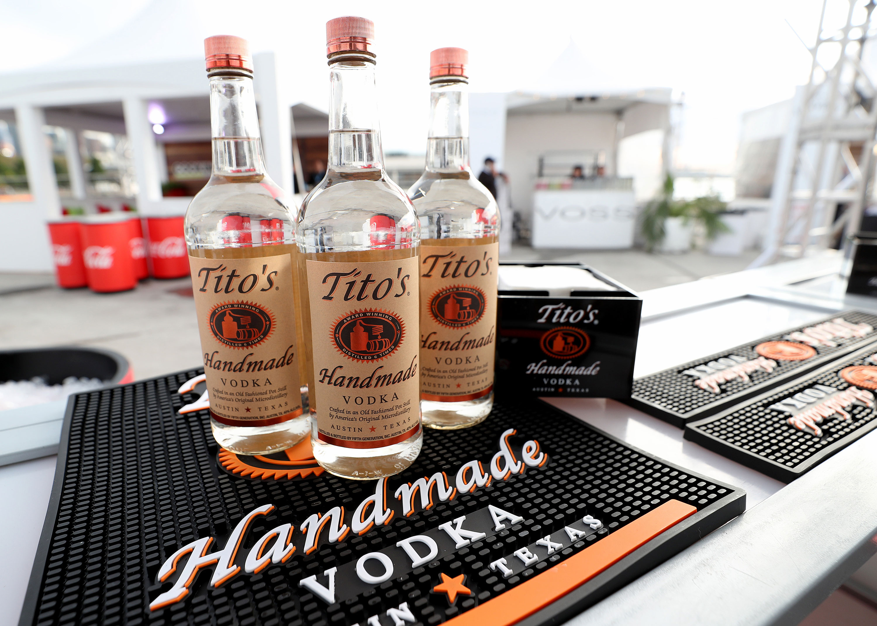 NEW YORK, NEW YORK - OCTOBER 12: A view of Tito's Vodka on display as Titans of BBQ presented by National Beef and Pat LaFrieda Meats hosted by Dario Cecchini, Pat LaFrieda and Michael Symon at Pier 97 on October 12, 2019 in New York City. (Photo by Cindy Ord/Getty Images for NYCWFF)