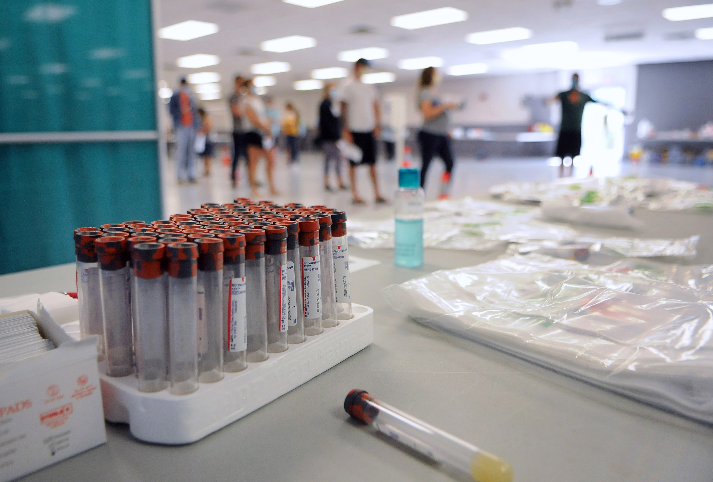 View of blood collection tubes on the first day of a free COVID-19 antibody testing event at the Volusia County Fairgrounds in DeLand, Florida, on May 4. 