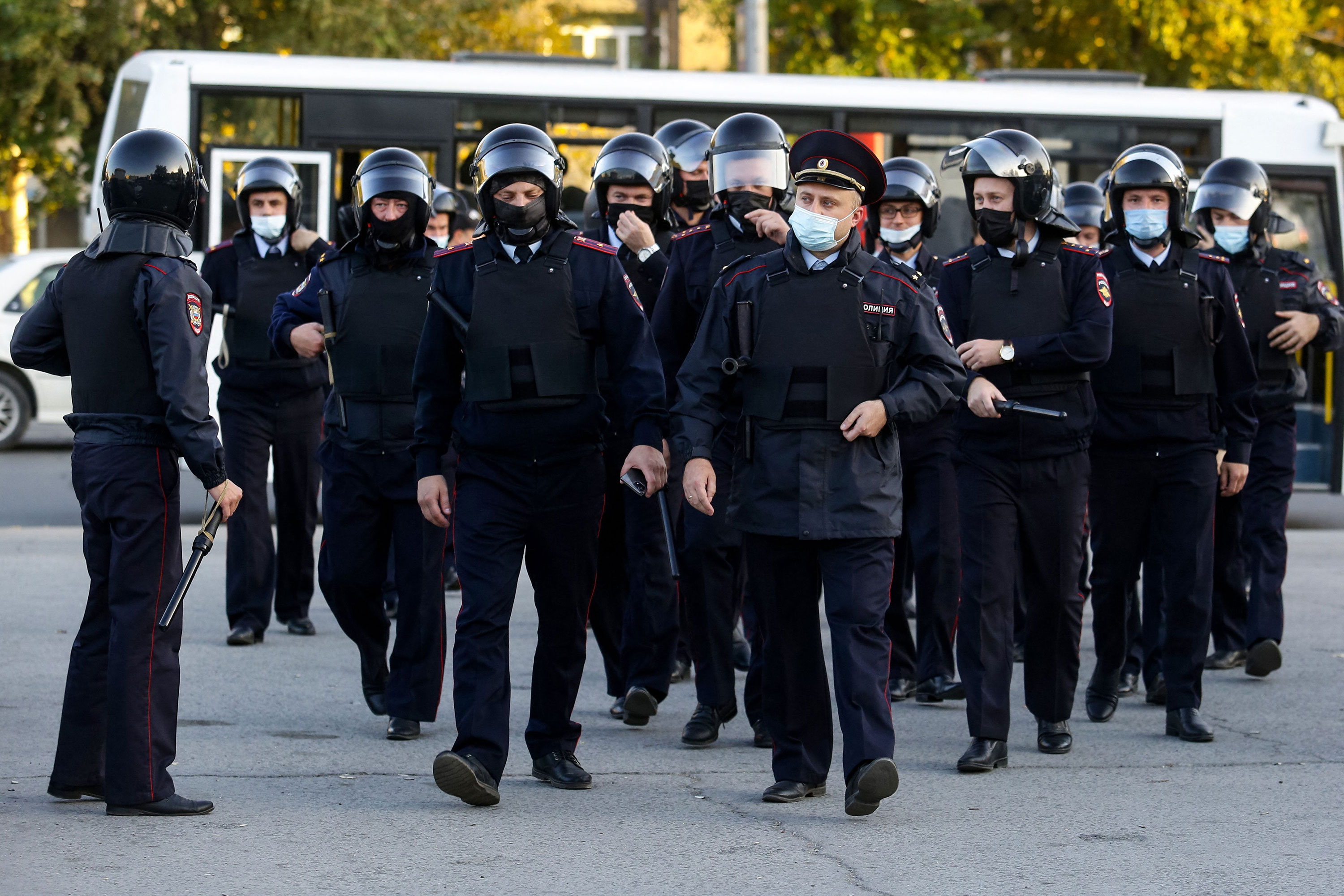 Police officers are deployed in central Novosibirsk, Russia on Wednesday.