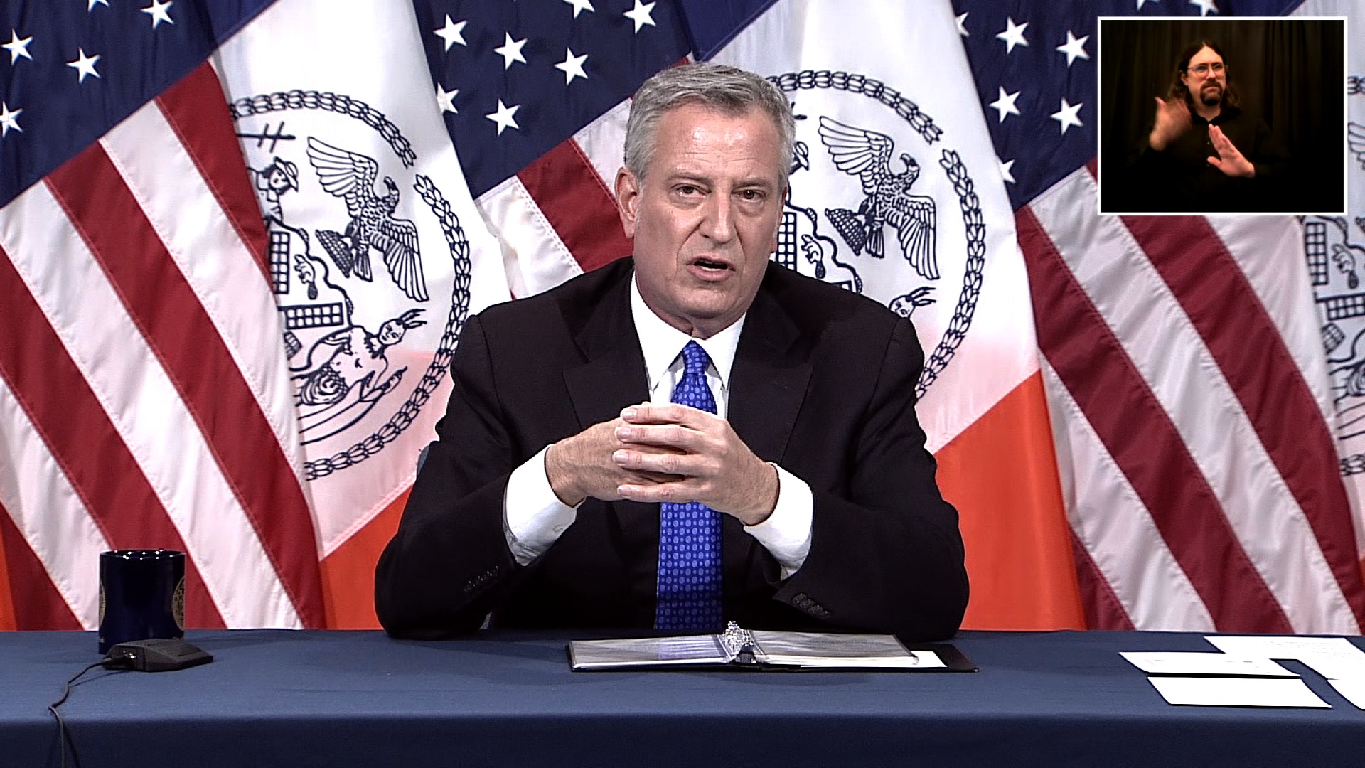 New York City Mayor Bill de Blasio speaks during a coronavirus briefing in New York City on May 14.