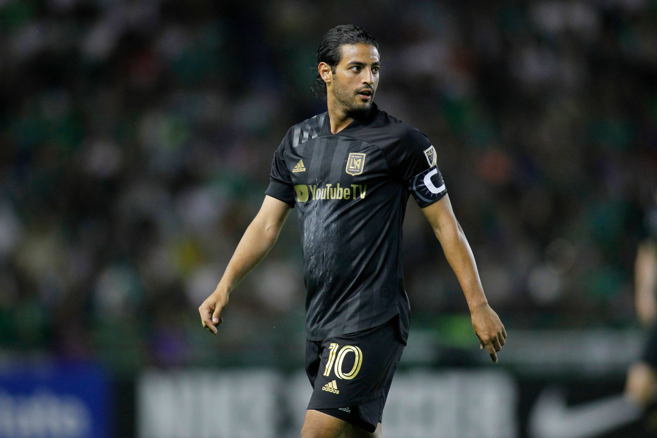 Carlos Vela of LAFC looks on during the round 16 match between Leon and LAFC as part of the CONCACAF Champions League 2020 at Leon Stadium on February 18 in Leon, Mexico. 