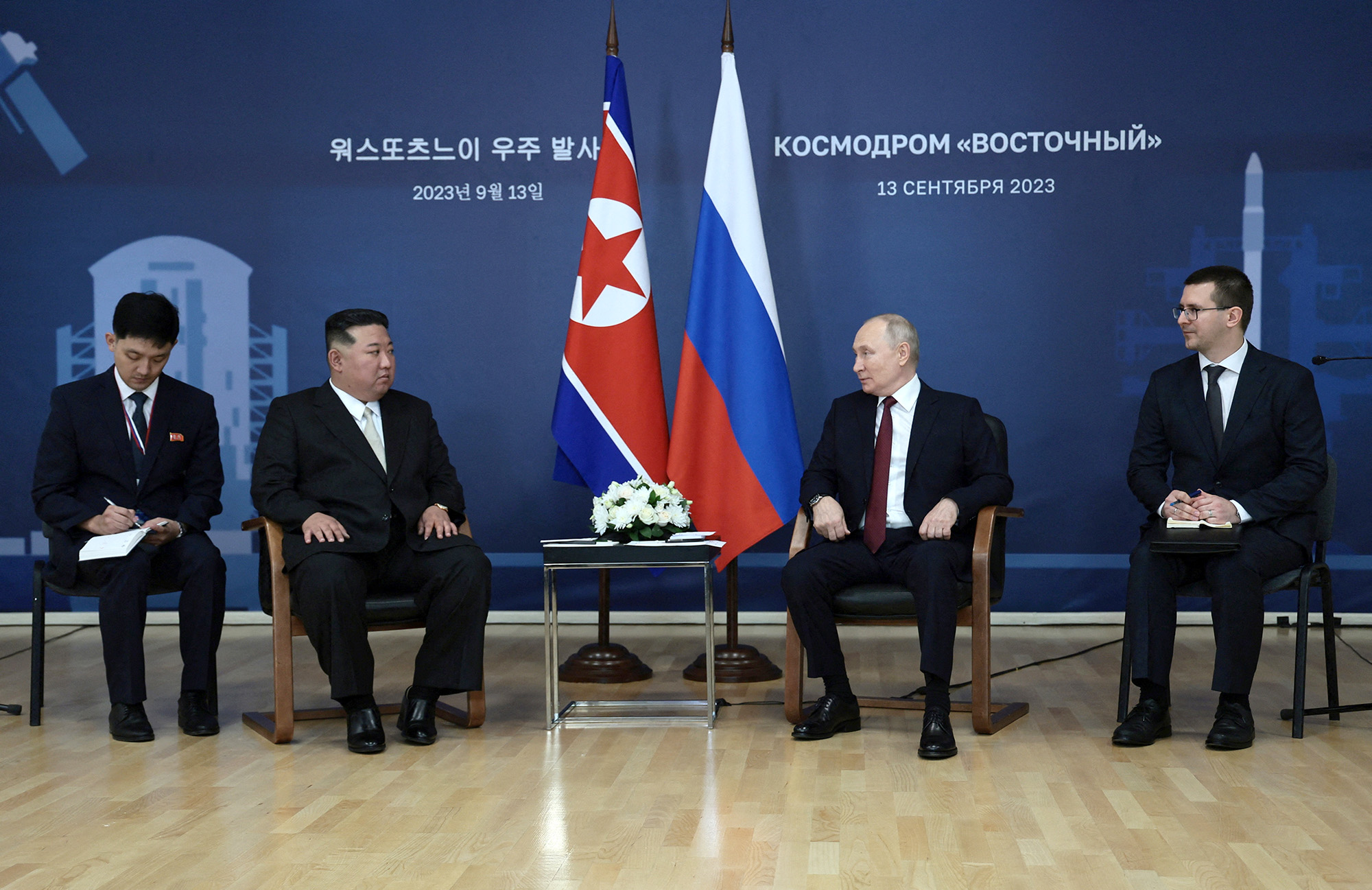 Russia's President Vladimir Putin, second right, meets with North Korea's leader Kim Jong Un, second left, at the Vostochny Сosmodrome in the far eastern Amur region, Russia, on September 13.